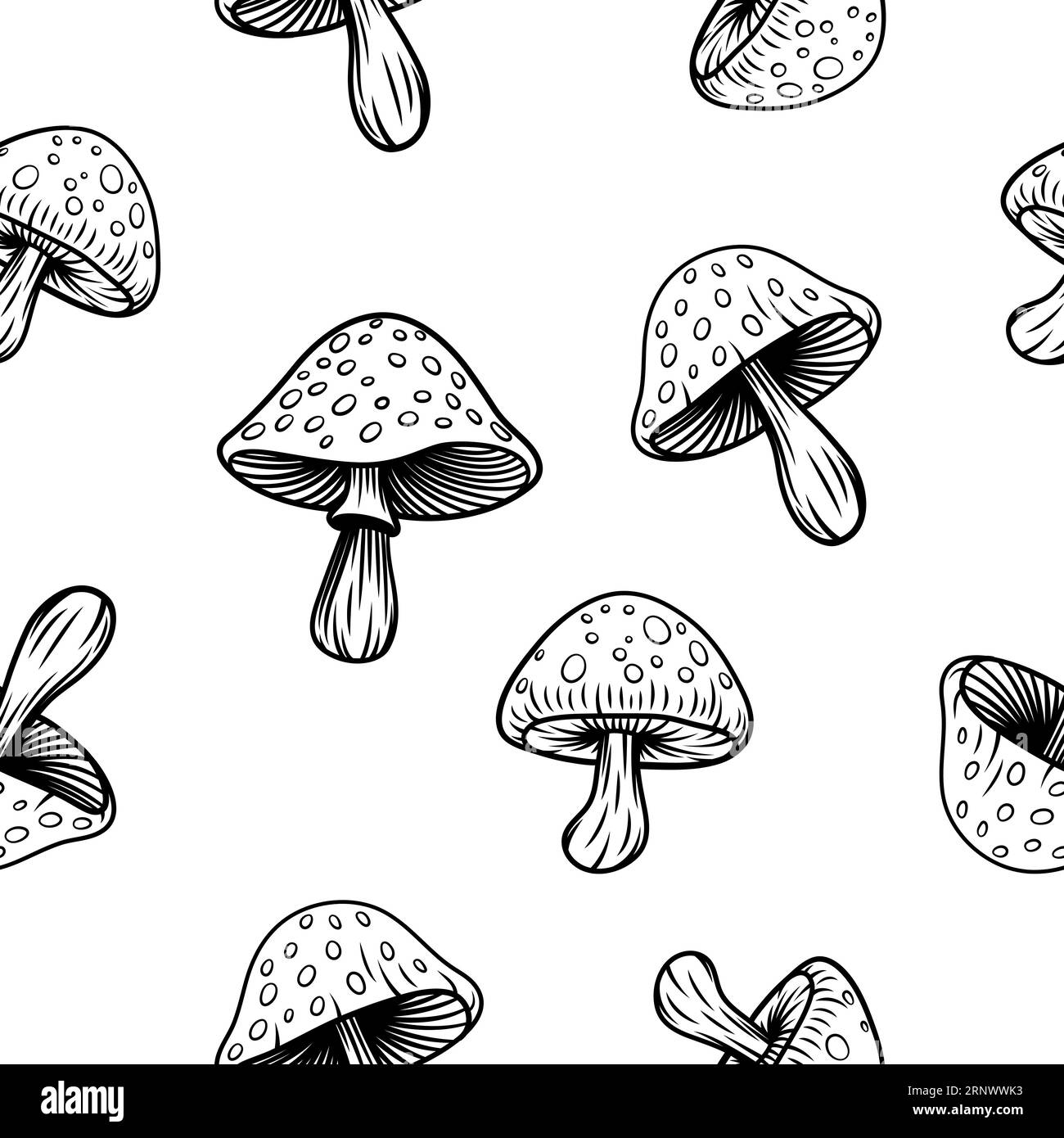 Vector Schwarzweiß nahtloses Muster mit handgezeichneten Cartoon-Pilzen. Amanita Muscaria, Fly-Agar-Illustration, Pilze-Sammlung. Magie Stock Vektor