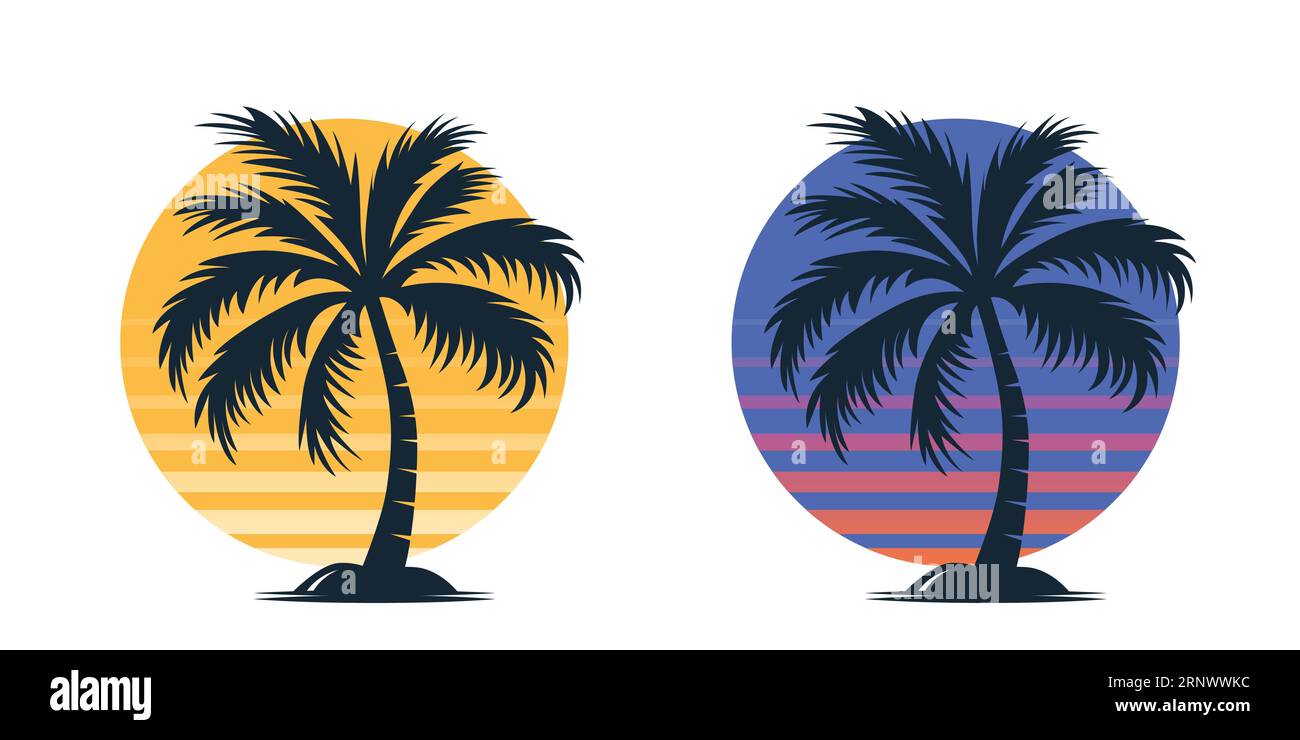 Vektor-Palmen, Palmenbaum-Symbolsatz Isoliert. Palmensilhouetten im Hintergrund bei Sonnenuntergang. Designvorlage für tropisches, Urlaub-, Strand-, Sommerkonzept Stock Vektor