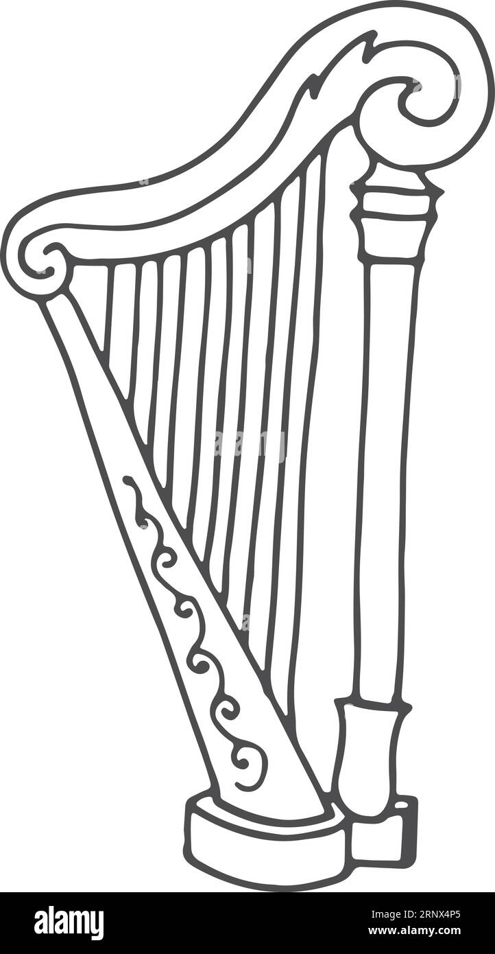 Harfe Doodle. Symbol für klassische Musikinstrumente Stock Vektor