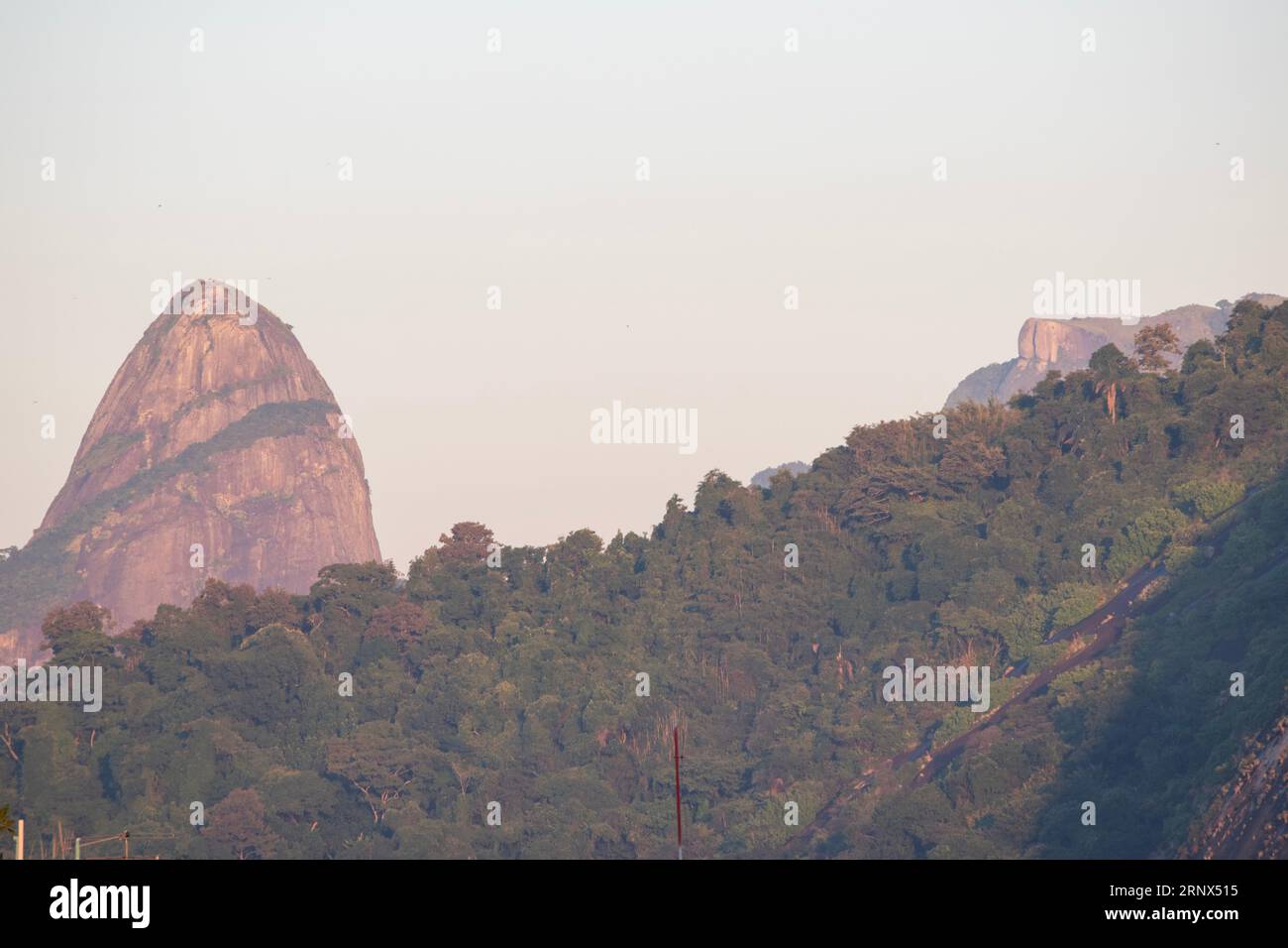 Rio de Janeiro, Brasilien: Skyline mit rosafarbenem Sonnenaufgang, Bergen und grüner Vegetation, üppigem Grün und Regenwald mitten in der Stadt Stockfoto