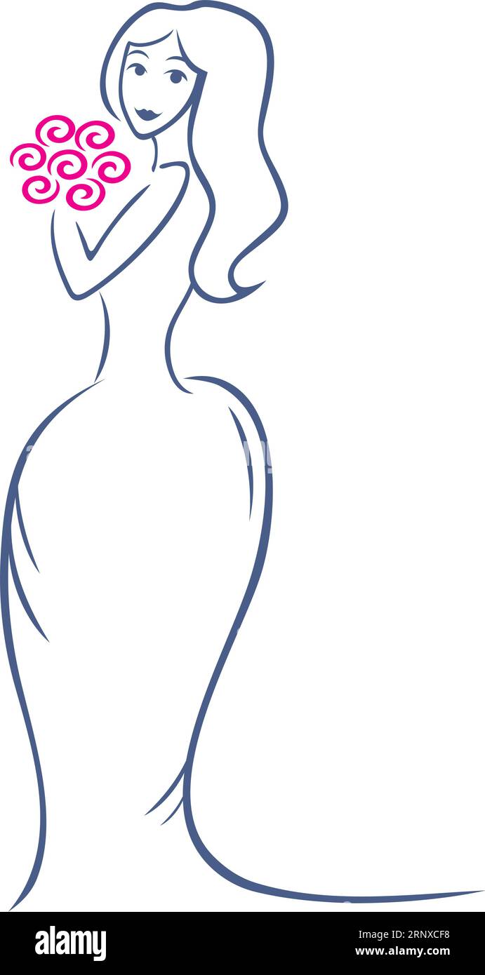 Braut mit Blumenstrauß isoliert auf weiß Stock Vektor