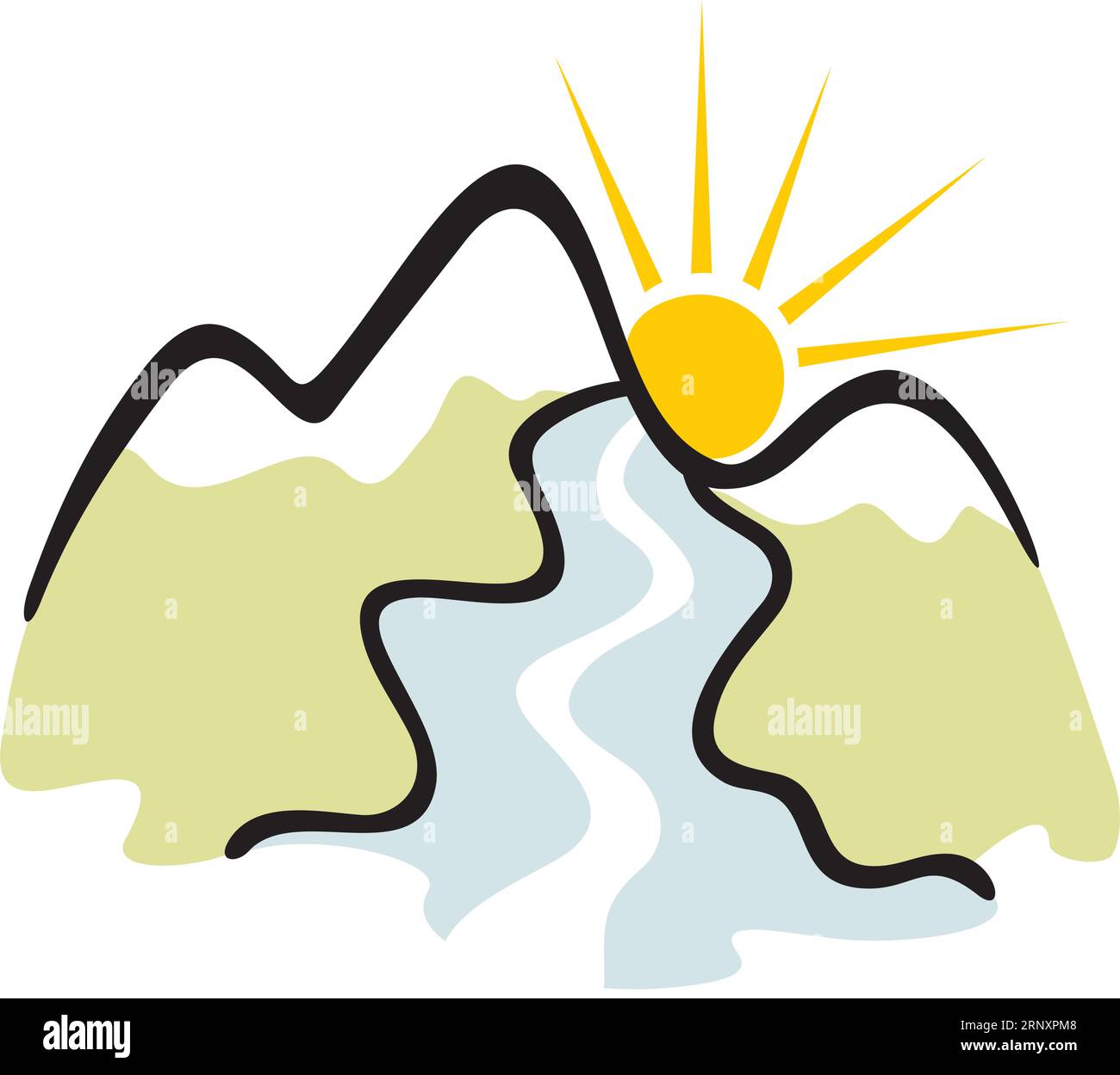 Symbol der Berge mit Fluss und Sonne Stock Vektor