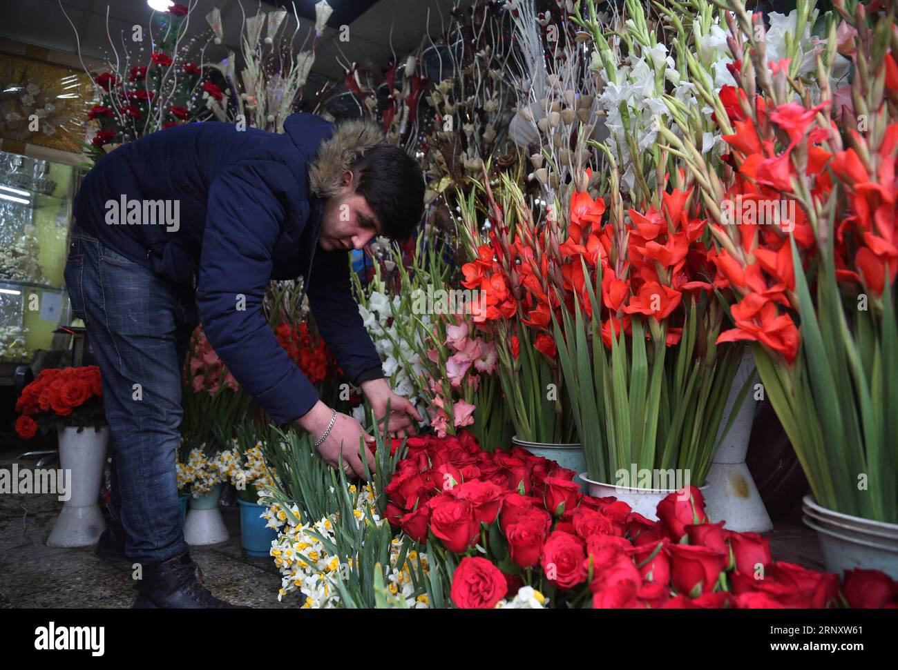 (180213) -- KABUL, 13. Februar 2018 -- Ein Verkäufer bereitet Blumen vor dem Valentinstag in einem Blumenladen in Kabul, Hauptstadt Afghanistans, 13. Februar 2018. Traditionell sind sich die meisten Afghanen des Valentinstages nicht bewusst, aber einige Jugendliche nehmen einen neuen Lebensstil an, um den Tag zu feiern, indem sie Blumen an ihre Lieben schicken. ) (srb) AFGHANISTAN-KABUL-VORBEREITUNG AUF DEN VALENTINSTAG RahmatxAlizadah PUBLICATIONxNOTxINxCHN Stockfoto