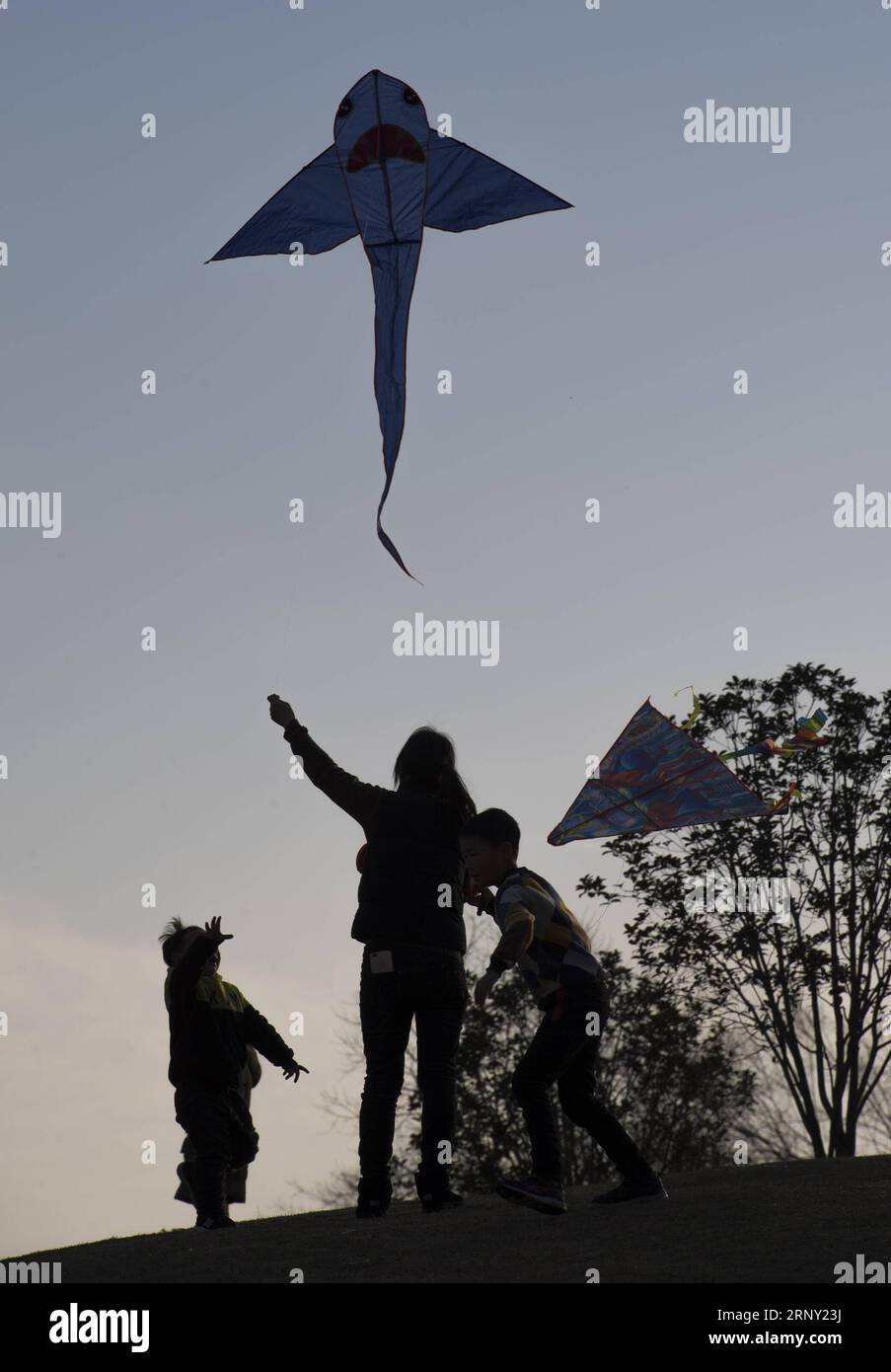 (180222) -- HUOSHAN, 22. Februar 2018 -- Menschen fliegen Drachen im Wenfeng Park im Huoshan County, ostchinesische Provinz Anhui, 22. Februar 2018. ) (dhf) CHINA-SPRING-KITE (CN) TaoxMing PUBLICATIONxNOTxINxCHN Stockfoto