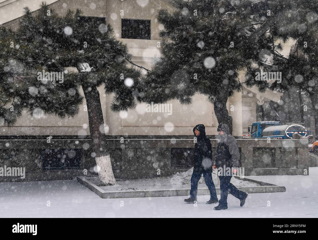 (180228) -- CHANGCHUN, 28. Februar 2018 -- Fußgänger gehen gegen Schnee in der Stadt Changchun in der nordöstlichen chinesischen Provinz Jilin, 28. Februar 2018. Chinas nationale Beobachtungsstelle gab am Mittwoch und Donnerstag eine gelbe Warnung für Schneestürme aus, da der starke Schnee weiterhin Nordostchina traf. ) (LB) CHINA-JILIN-WEATHER-YELLOW ALERT (CN) XuxChang PUBLICATIONxNOTxINxCHN Stockfoto