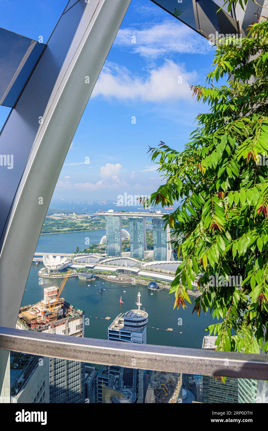 Blick auf die Marina Bay vom Dachgarten auf der 51. Etage im umweltfreundlichen, grünen Gebäude CapitaSpring, 88 Market Street, Singapur Stockfoto