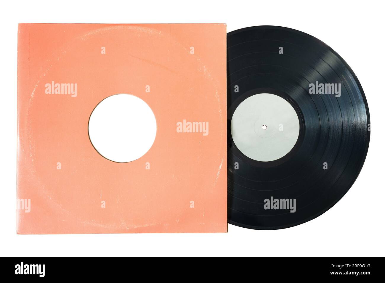 Vinyl-Platte in einem orangefarbenen Albumcover aus Papierhüllen auf weißem Hintergrund mit Beschneidungspfad Stockfoto