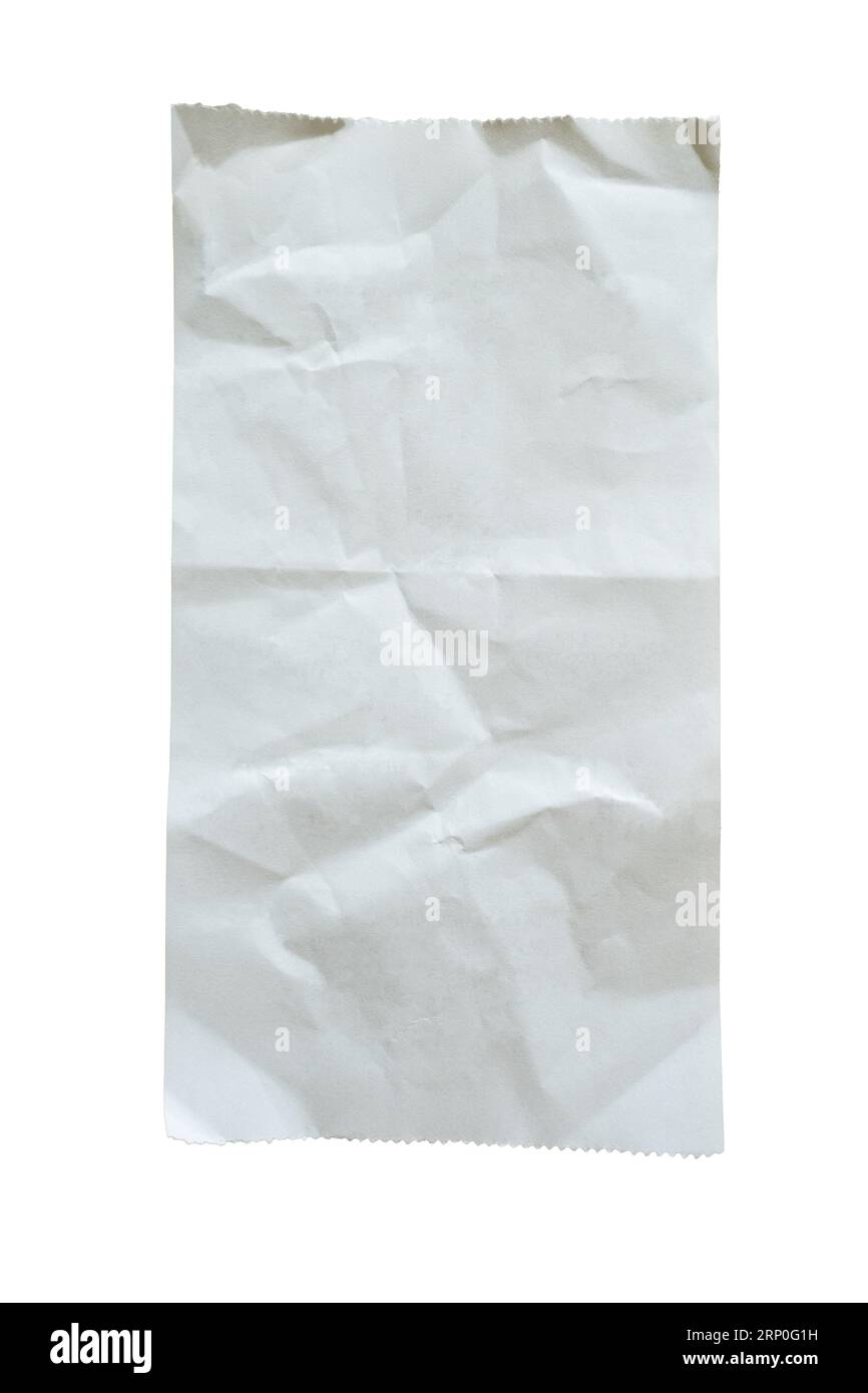 Zerknittertes Belegpapier auf weißem Hintergrund mit Beschneidungspfad Stockfoto