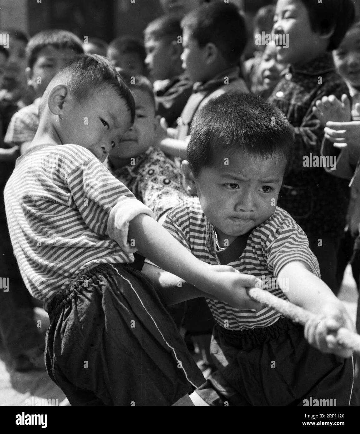 (180602) -- PEKING, 2. Juni 2018 () -- das im Mai 1978 aufgenommene Aktenfoto zeigt Kinder, die an einem Spiel des Tauziehen-Wettbewerbs in einem Kindergarten in Sanmenxia, der zentralchinesischen Provinz Henan, teilnehmen. Dieses Set aus 41 alten Fotos, die von 1978 bis 2018 im Jahr aufgenommen wurden, zeichnet die Kindheitsmomente chinesischer Kinder in den letzten vier Jahrzehnten bildhaft auf. () (ry) CHINA-OLD PHOTOS-CHILDHOOD-PICTORIAL RECORD (CN) Xinhua PUBLICATIONxNOTxINxCHN Stockfoto
