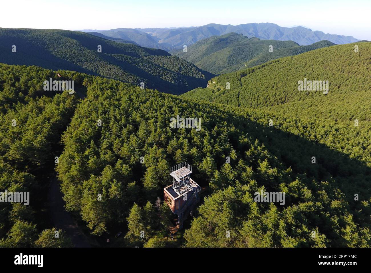 (180615) -- QINYUAN, 15. Juni 2018 -- Luftaufnahme, aufgenommen am 14. Juni 2018, zeigt den Wald im Qinyuan County, nordchinesische Provinz Shanxi. Mit einer Waldbedeckungsrate von 56,7 Prozent hat sich das Qinyuan County im Osten des Taiyue Mountain einen Ruhm für natürliche Sauerstoffbarren erworben. ) (Zwx) CHINA-SHANXI-QINYUAN COUNTY-LANDSCHAFT (CN) ZhanxYan PUBLICATIONxNOTxINxCHN Stockfoto