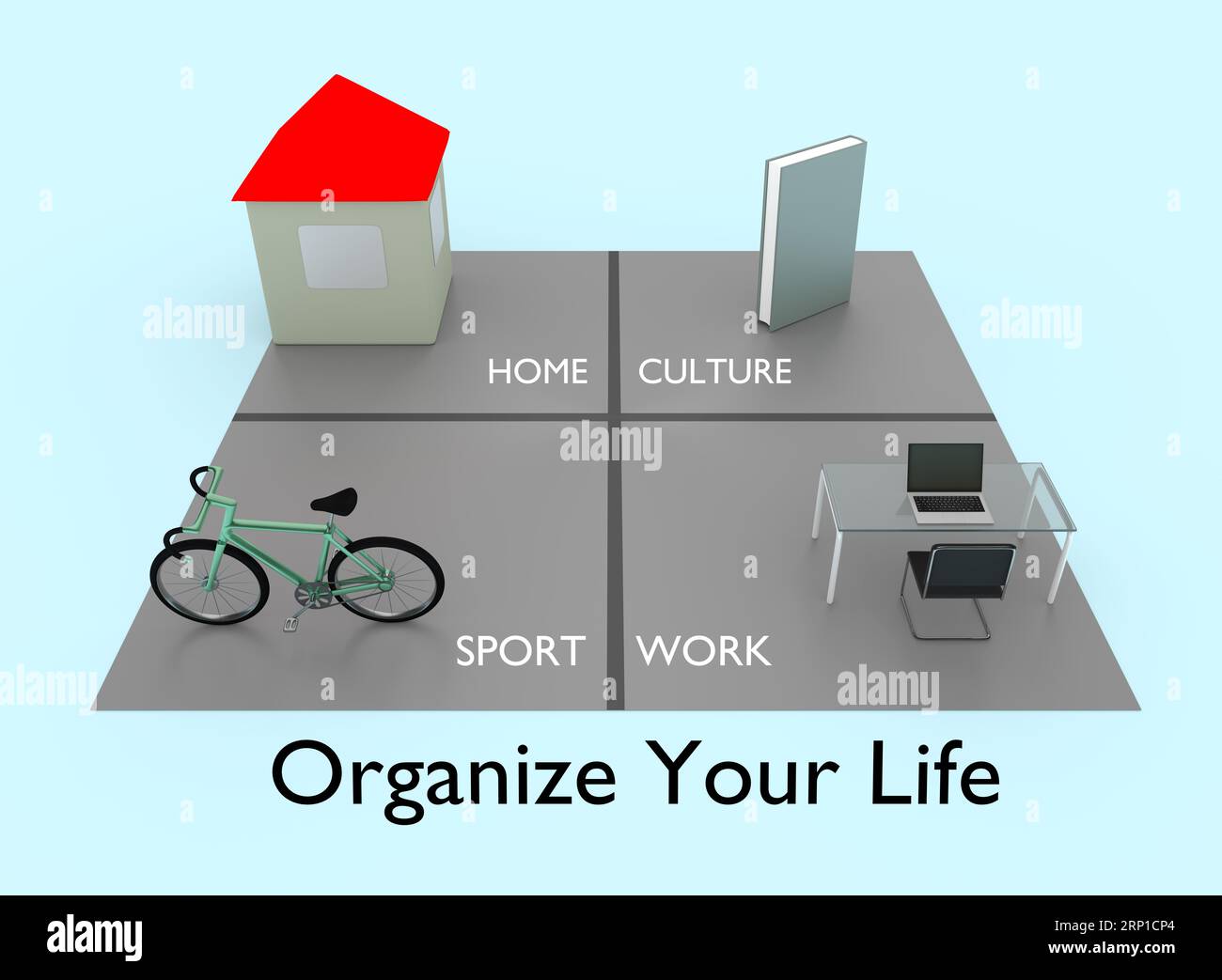 3D-Illustration einer schematischen Aufteilung der Zeitzuweisung auf Arbeit, Familie, Kultur und Sport mit dem Titel Organize Your Life. Stockfoto