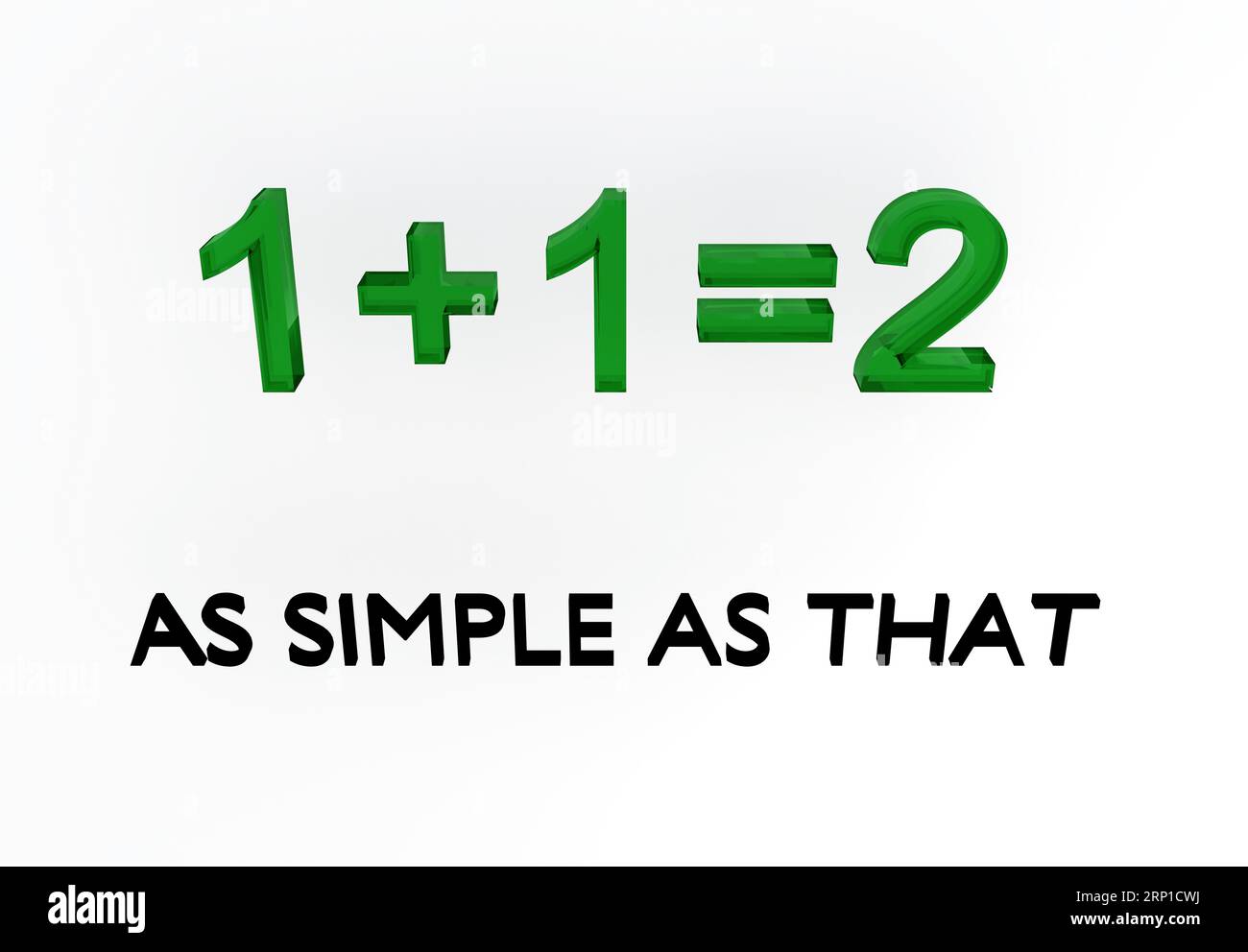 3D-Abbildung der Gleichung 1+1=2 mit dem Titel „so einfach wie das“. Stockfoto