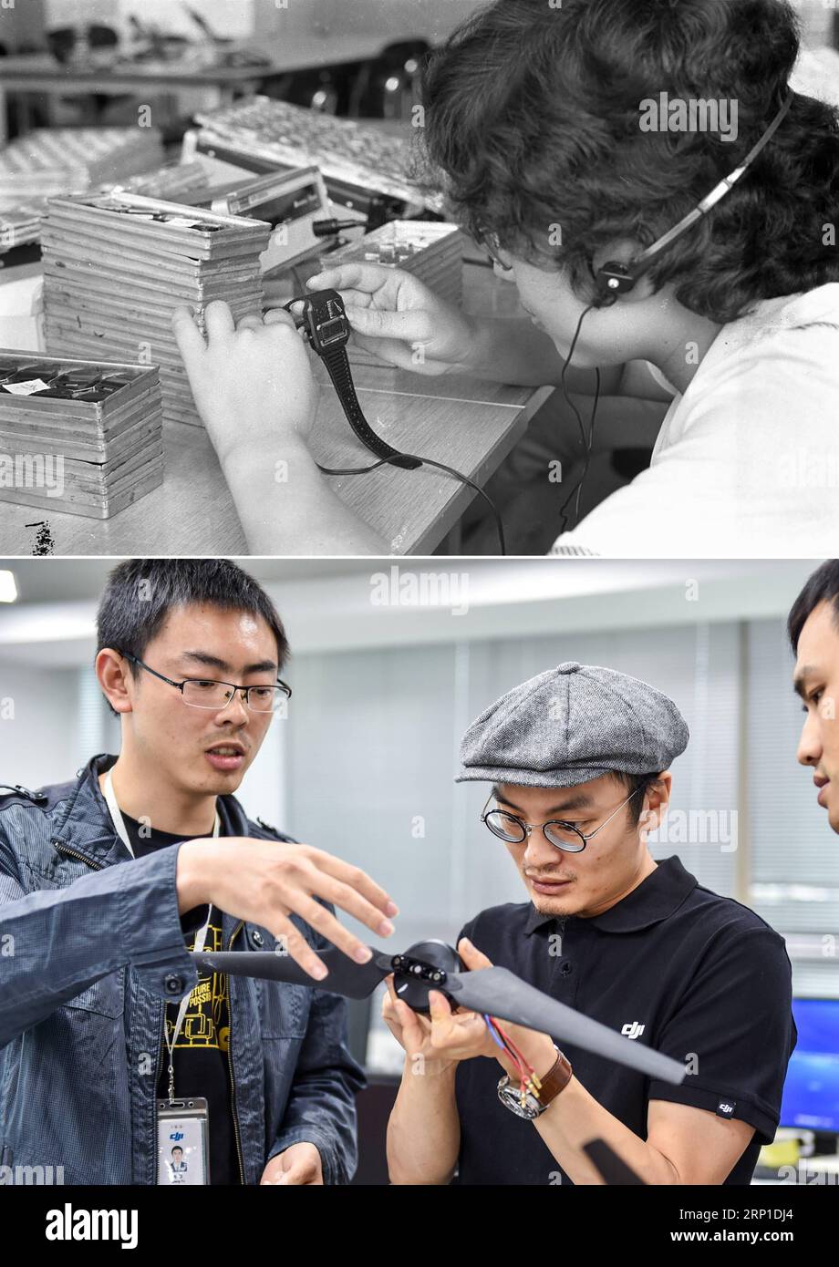 (180628) -- SHENZHEN, 28. Juni 2018 -- der obere Teil (Datei) dieses von Li Changyong aufgenommenen Kombi-Fotos zeigt einen Arbeiter, der eine elektronische Uhr in einer Fabrik in Shenzhen in der südchinesischen Provinz Guangdong herstellt. Der untere Teil der Kombo-Aufnahme, die am 22. Mai 2015 von aufgenommen wurde, zeigt den Gründer von da-Jiang Innovations (DJI) Wang Tao (C), der mit Forschern in Shenzhen diskutiert. In diesem Jahr jährt sich Chinas Reform- und Öffnungspolitik zum 40. Mal. In den letzten vier Jahrzehnten hat sich Shenzhen von einem kleinen Fischerdorf zu einer Metropole entwickelt. (MCG) CHINA-GUANGDONG-SHENZHEN-DEVELOPMENT-COMPARISON (CN Stockfoto