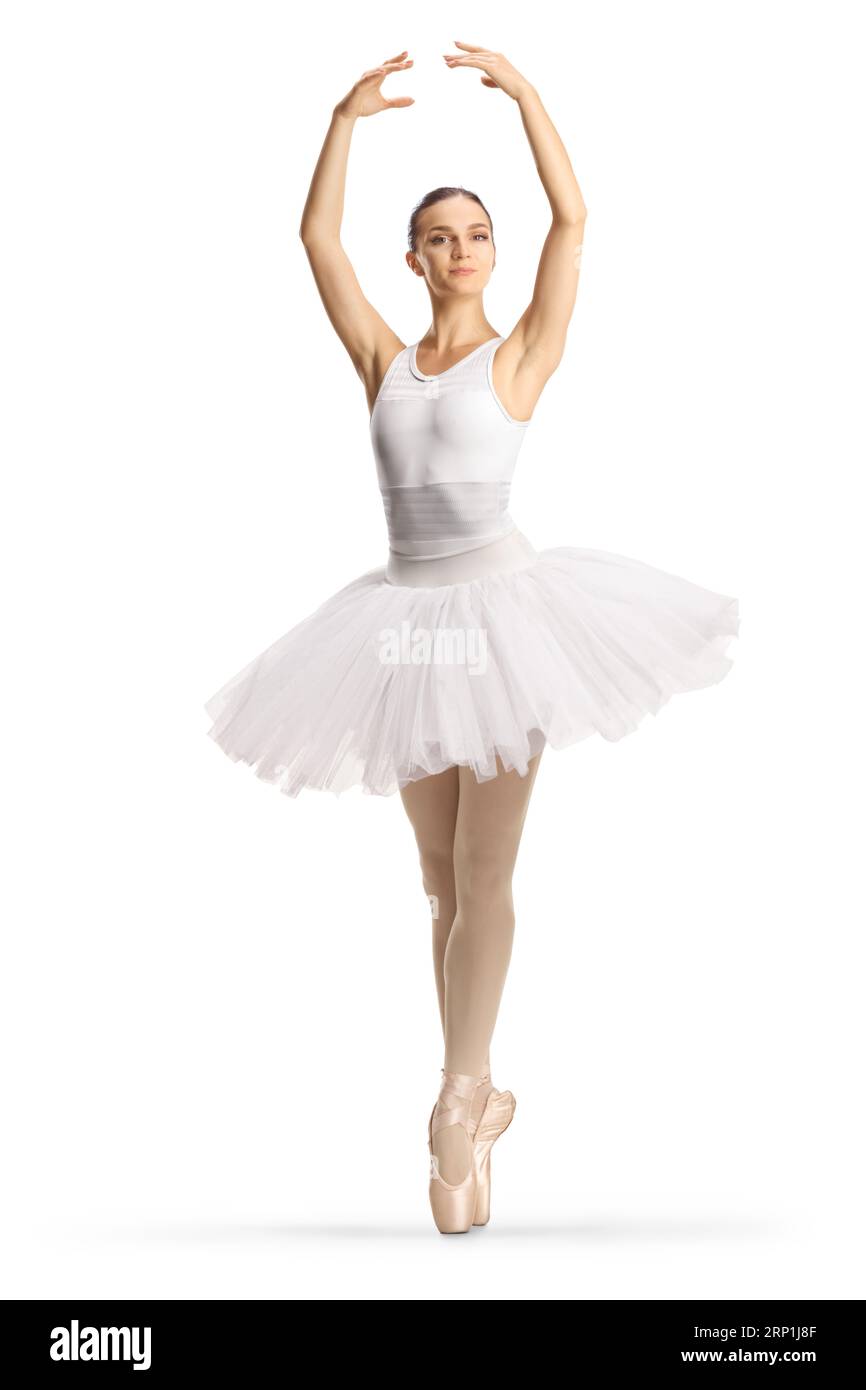 Profilaufnahme in voller Länge einer Ballerina in einem weißen Tutu-Kleid, die mit den Armen auf weißem Hintergrund tanzt Stockfoto