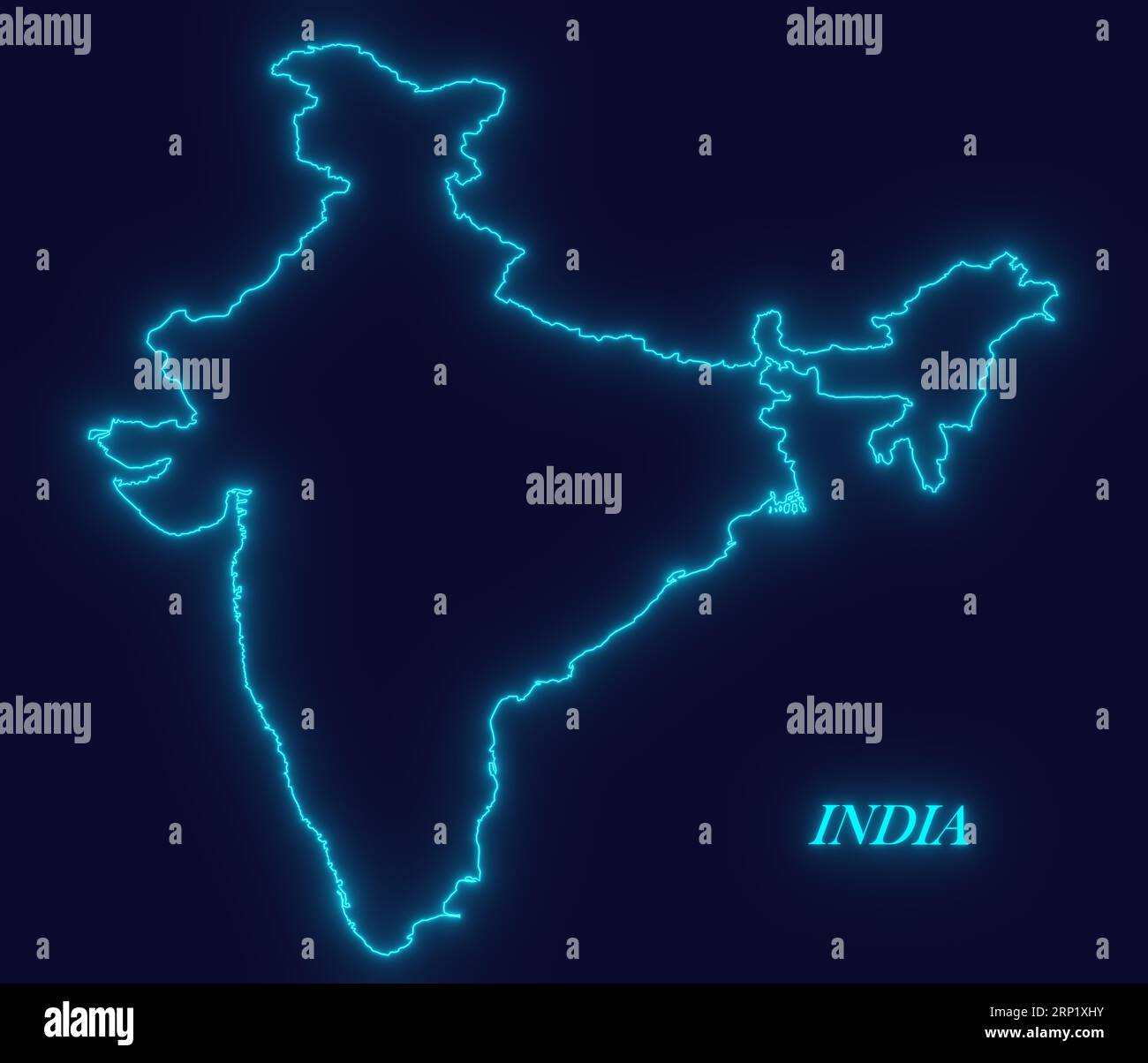 INDIEN Umrisskarte mit Neon-leuchtenden Linien auf dunklem Hintergrund, futuristisches Konzept, INDIEN Neon-Karte, Neon-blaue Kartenumriss, modernes digitales Konzept INDIEN Stockfoto