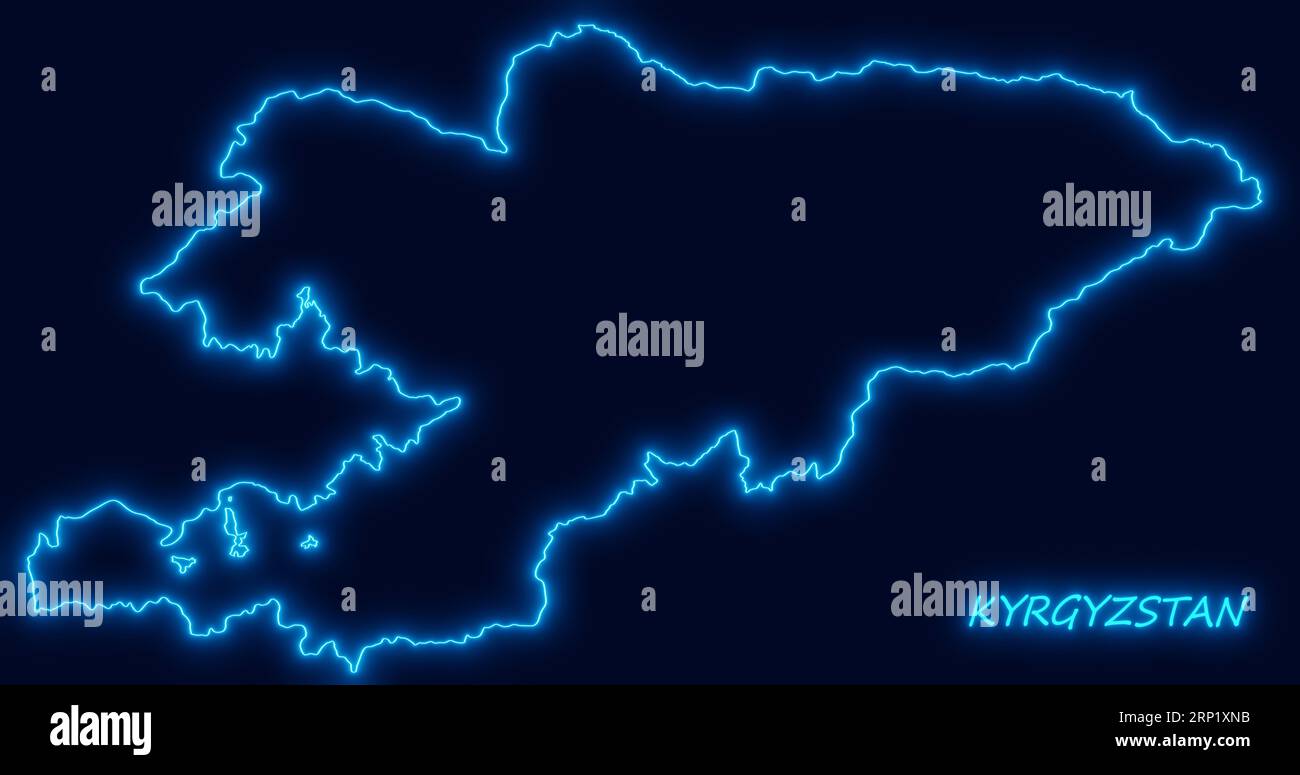 KIRGISISTAN Umrisskarte mit Neon-leuchtenden Linien auf dunklem Hintergrund, futuristisches Konzept, KIRGISISTAN Karte, Neon-blaue Karte Umrisse, modernes digitales Konzept Stockfoto