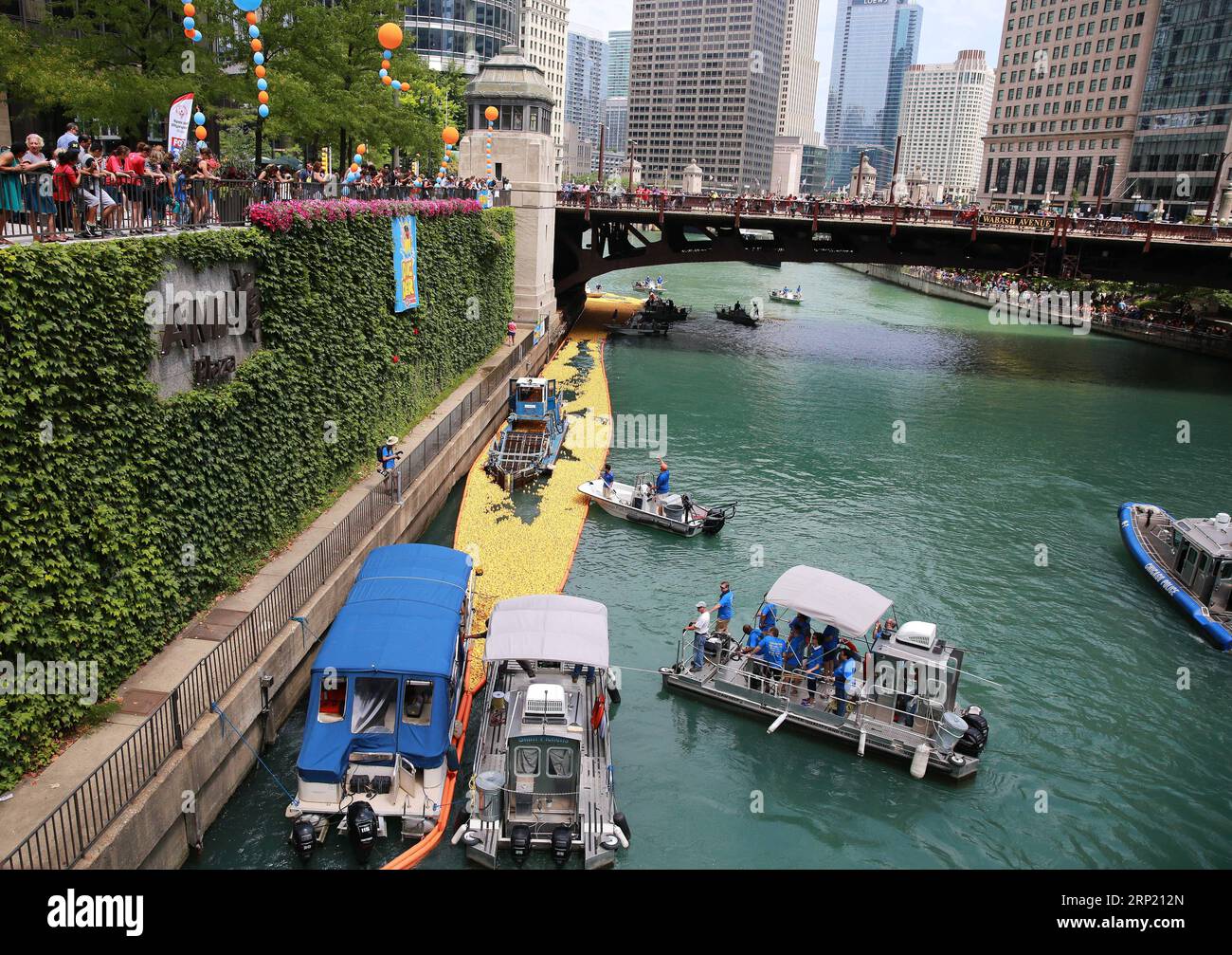 (180809) -- CHICAGO, 9. August 2018 -- Freiwillige sammeln Gummienten aus dem Chicago River nach dem 13. Jährlichen Chicago Ducky Derby in Chicago, USA, 9. August 2018. Die Organisatoren von Derby ließen am Donnerstag etwa 60.000 Gummienten in den Chicago River fallen, um das Rubber Ducky Derby in diesem Jahr zu starten, was dazu beiträgt, Geld für Special Olympics Illinois zu sammeln. ) U.S.-CHICAGO-RUBBER DUCKY DERBY-CHARITY WANGXPING PUBLICATIONXNOTXINXCHN Stockfoto