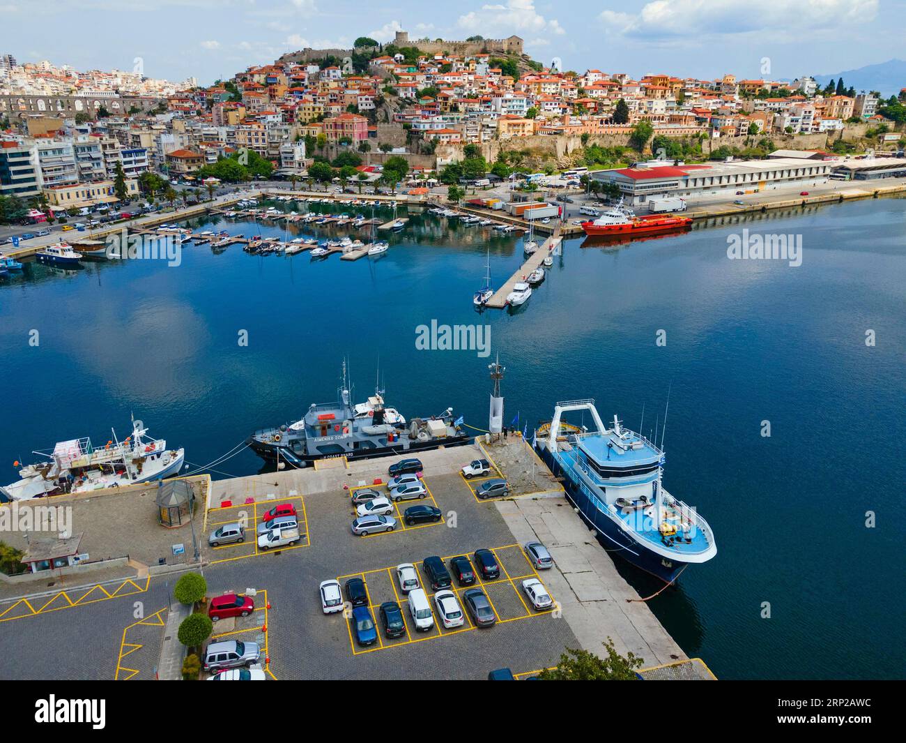 Luftaufnahme, Hafen und Altstadt, Kavala, Dimos Kavalas, Ostmakedonien und Thrakien, Golf von Thasos, Golf von Kavala, Thrakisches Meer, Griechenland Stockfoto