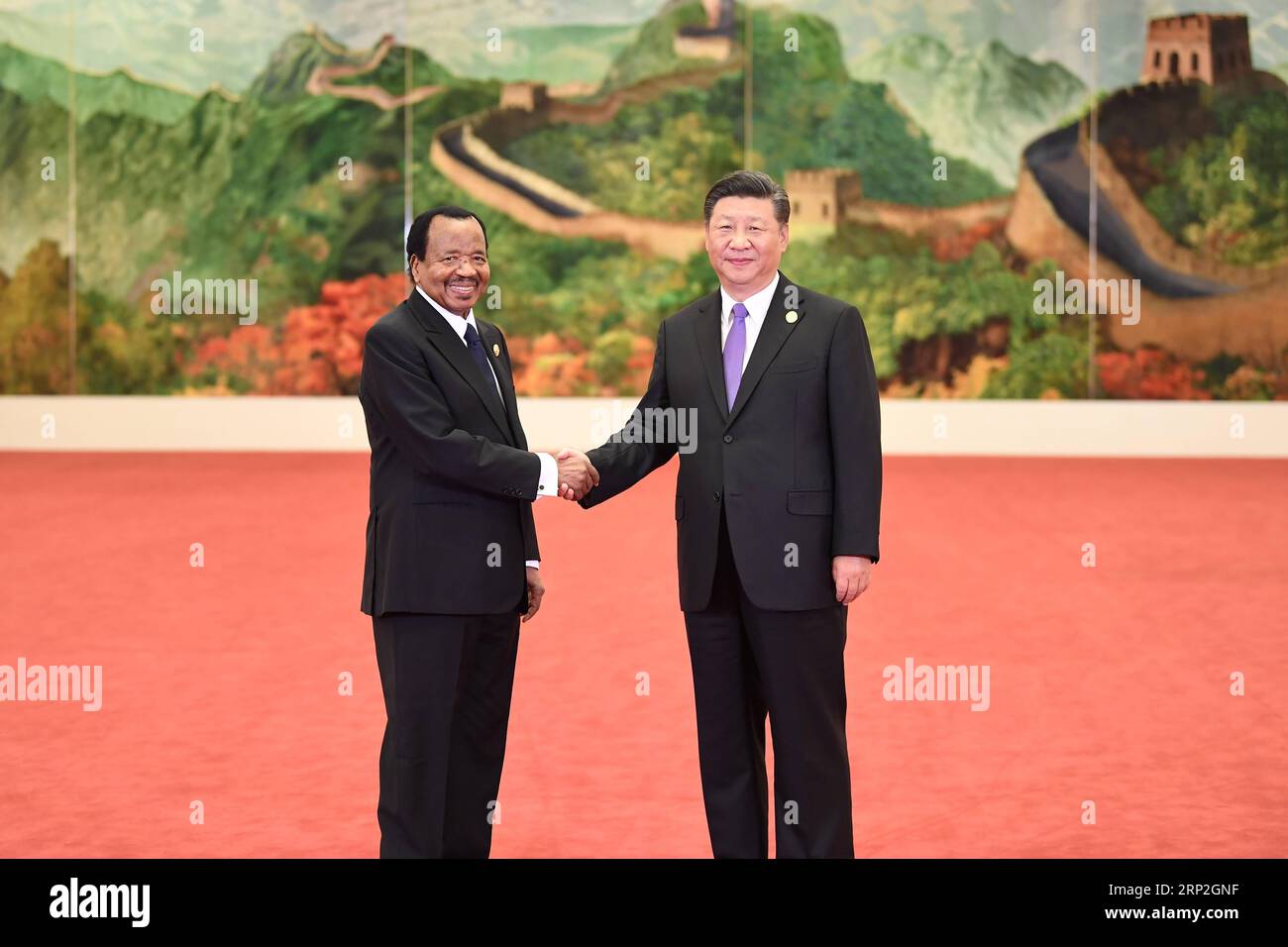 (180903) -- PEKING, 3. September 2018 -- der chinesische Präsident Xi Jinping (R) begrüßt den kamerunischen Präsidenten Paul Biya, der zum Gipfeltreffen des Forums für Zusammenarbeit zwischen China und Afrika (FOCAC) 2018 in Peking, der chinesischen Hauptstadt, am 3. September 2018, anwesend ist. )(mcg) CHINA-BEIJING-FOCAC-XI JINPING-WELCOME (CN) YanxYan PUBLICATIONxNOTxINxCHN Stockfoto