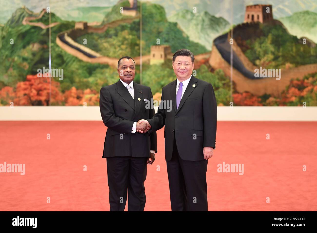 (180903) -- PEKING, 3. September 2018 -- der chinesische Präsident Xi Jinping (R) begrüßt den Präsidenten der Republik Kongo, Denis Sassou Nguesso, der anlässlich des Gipfeltreffens des Forums für die Zusammenarbeit zwischen China und Afrika (FOCAC) 2018 in Peking, der Hauptstadt Chinas, am 3. September 2018 in der Großen Halle des Volkes anwesend ist. )(mcg) CHINA-BEIJING-FOCAC-XI JINPING-WELCOME (CN) YanxYan PUBLICATIONxNOTxINxCHN Stockfoto