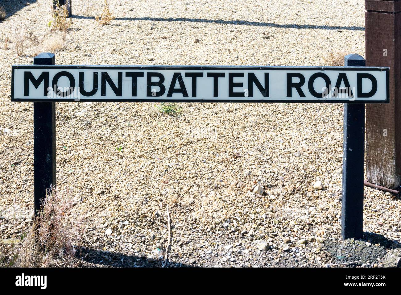 Straßenschild für die Mountbatten Road in Dersingham, Norfolk. Stockfoto