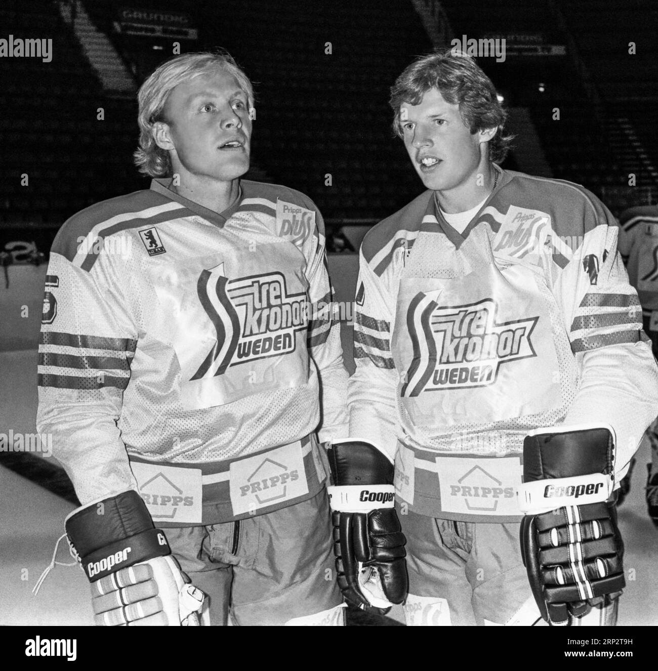 Anders Hedberg und Ulf ¨Lillpröjsarn¨Nilsson spielen in den New York Rangers und in der schwedischen Nationalmannschaft vor der Weltmeisterschaft 1987 Stockfoto