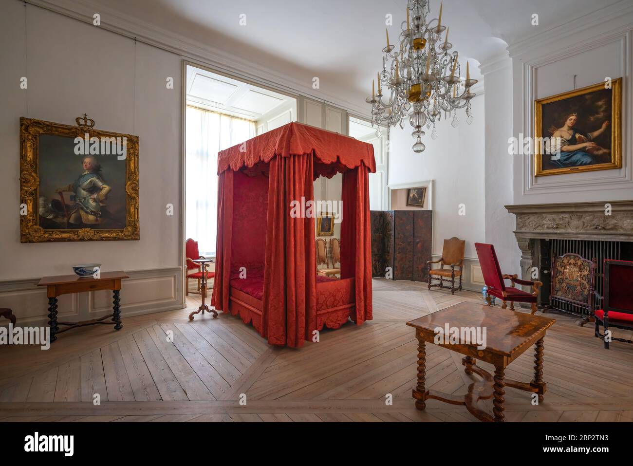 Schlafzimmer im Frederik V Apartments von Schloss Kronborg - Helsingor, Dänemark Stockfoto