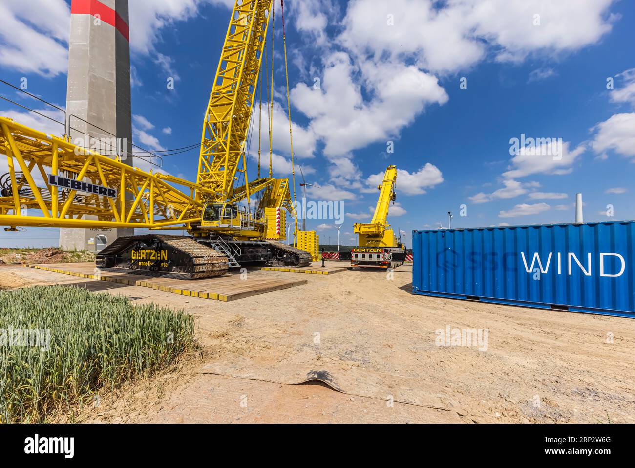 Windpark Sintfeld, spezieller Liebherr-Kran vor neuer Windkante, Hochplateau zwischen Bad Wuennenberg und dem Marsberger Landkreis Meerhof, Standort von Stockfoto