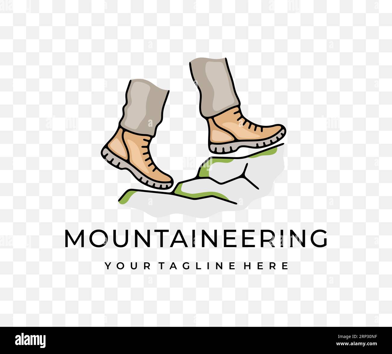Füße in Stiefeln, Wandern in den Bergen und Bergsteigen, farbiges Grafikdesign. Klettern, Wandern, Tourismus, Reisen, Reisen und Reisen, Vektor Stock Vektor
