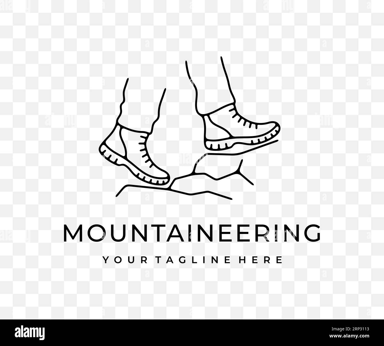 Füße in Stiefeln, Wandern in den Bergen und Bergsteigen, lineares Grafikdesign. Klettern, Wandern, Tourismus, Reisen, Reisen und Reisen, Vektor Stock Vektor
