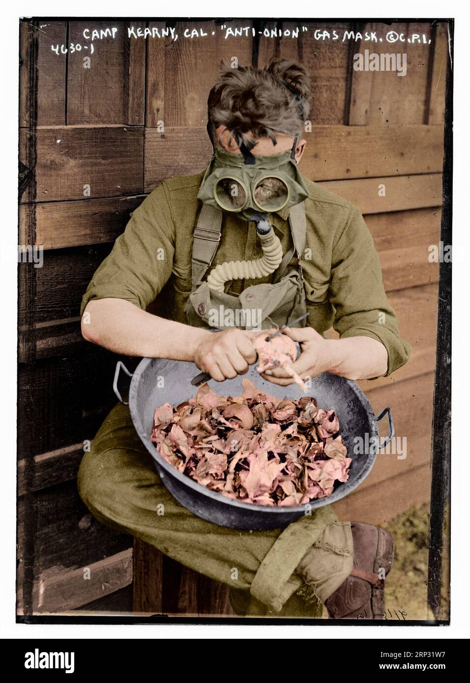 Erster Weltkrieg, März 1918. Soldaten testen ihre Gasmasken auf jede erdenkliche Weise. Die Atemschutzmaske beim Schälen von Zwiebeln verwenden. 40. Div Stockfoto