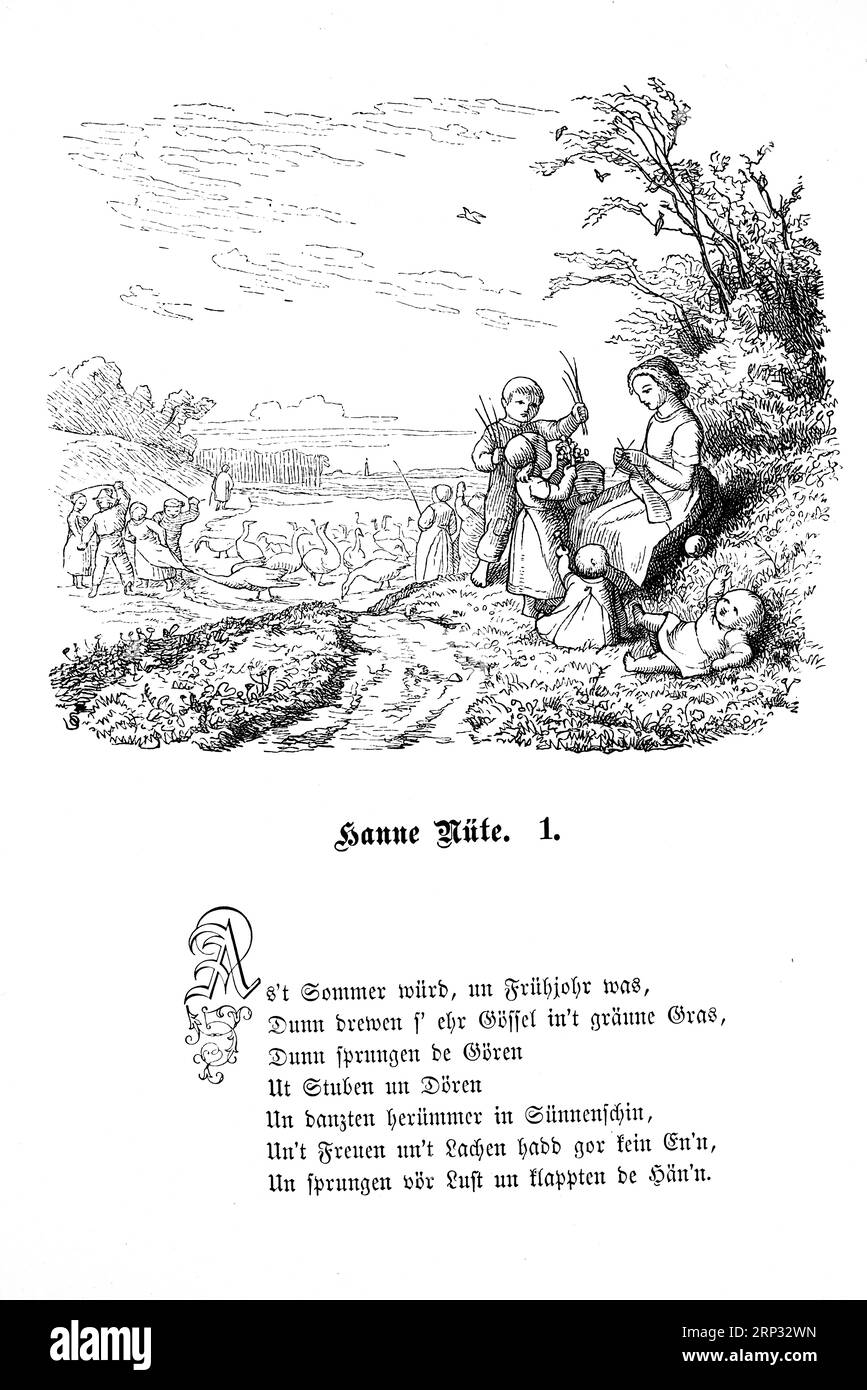 Fritz Reuter (1810) (1874) niederdeutsche Schriftstellerin und Dichterin, Hanne Nüte un de lütte Pudel, eine Vogel, und Menschengeschichte, Platt, Niederdeutsch, Niederdeutsch Stockfoto
