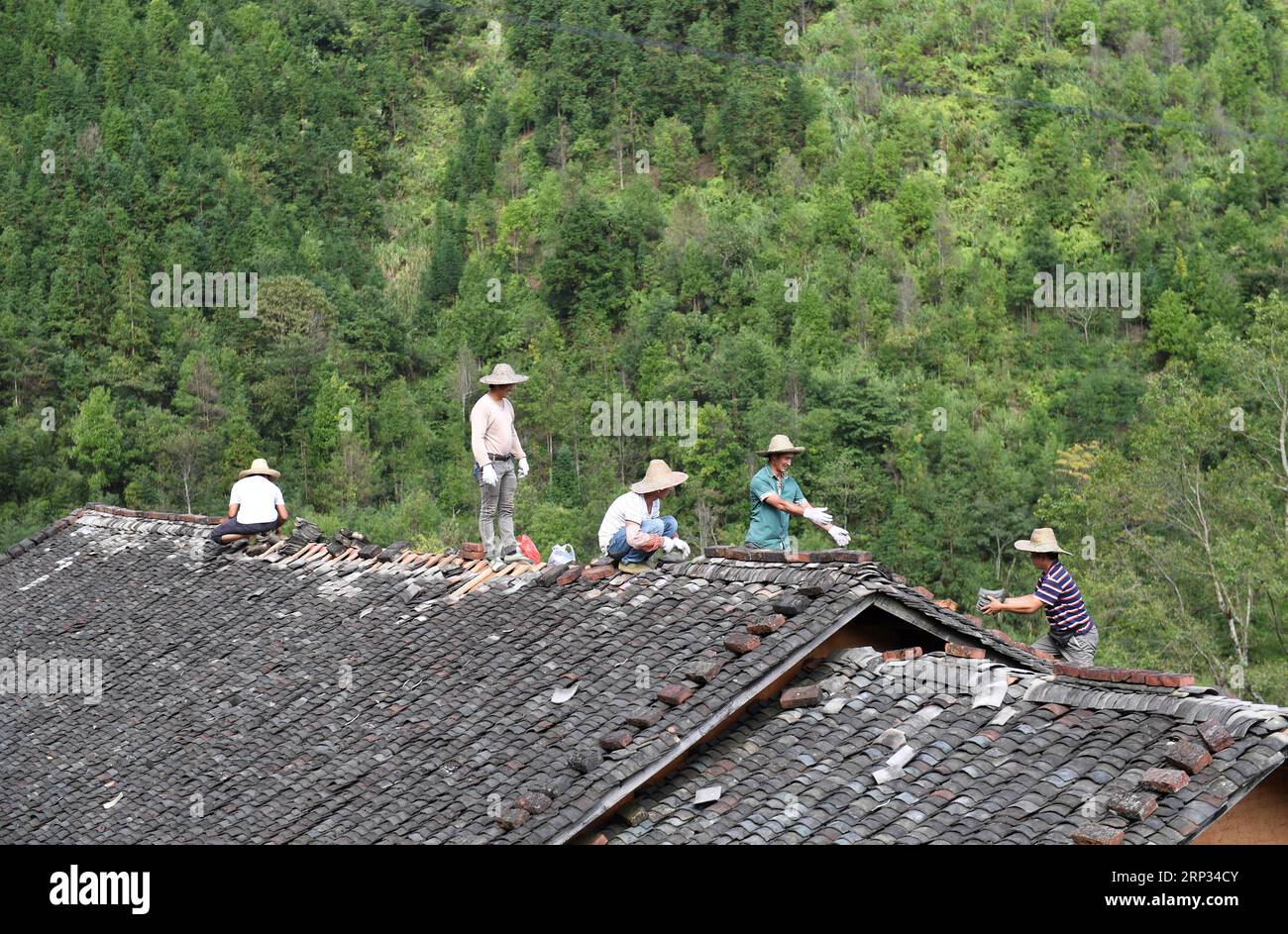 (180919) -- JINXIU, 19. September 2018 -- Dorfbewohner reparieren ein vom Super Typhoon Mangkhut beschädigtes Dach im Dorf Shijia der Autonomen Provinz Yao in Jinxiu in der Autonomen Region Guangxi Zhuang in Südchina, 19. September 2018. ) (wy) CHINA-GUANGXI-TYPHOON MANGKHUT-AFTERMATH (CN) LuxBoan PUBLICATIONxNOTxINxCHN Stockfoto