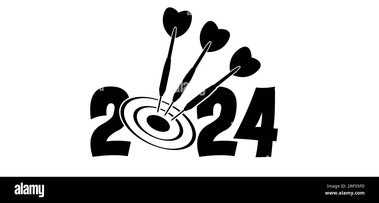 Glückwunschkarte oder Banner, frohes neues Jahr 2024 mit Dartboard-Symbol. Zeichentrickpfeile für Dart-Brettspiel. Erfolgreiches Geschäftsstrategiekonzept. Stockfoto