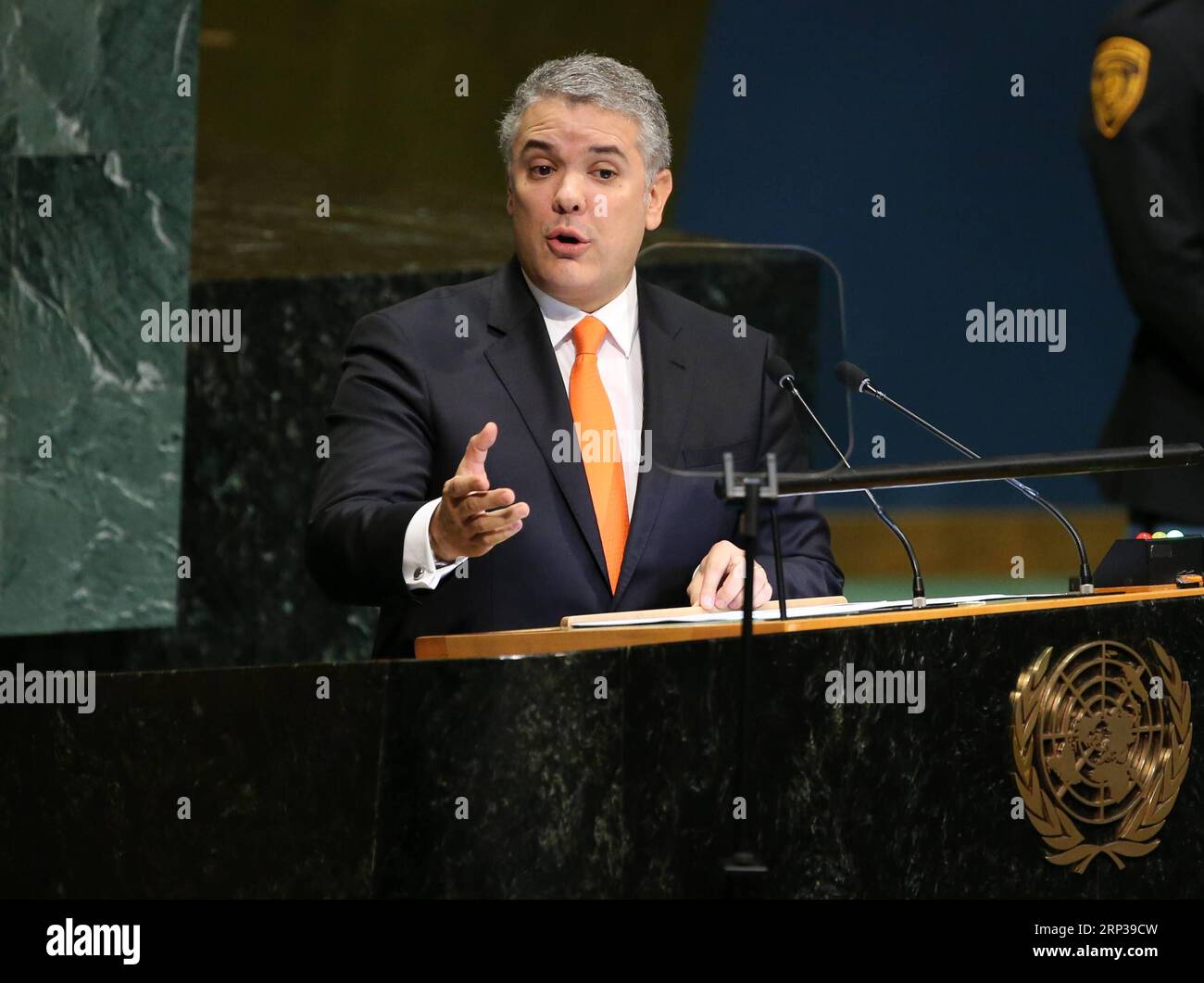 (180926) -- VEREINTEN NATIONEN, 26. September 2018 -- kolumbianischer Präsident Ivan Duque spricht am 26. September 2018 an der Generaldebatte der 73. Tagung der Generalversammlung der Vereinten Nationen im Hauptquartier der Vereinten Nationen in New York. ) UN-73. ALLGEMEINE AUSSPRACHE DER GENERALVERSAMMLUNG QINXLANG PUBLICATIONXNOTXINXCHN Stockfoto