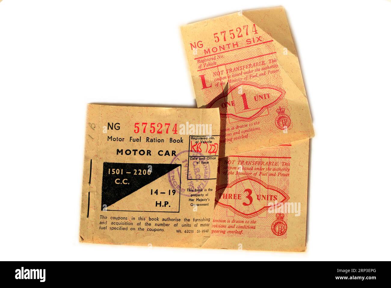 Coupons für die Kraftstoffration nach dem Krieg (uk). (Suez Crisis Benzin Coupons) Stockfoto