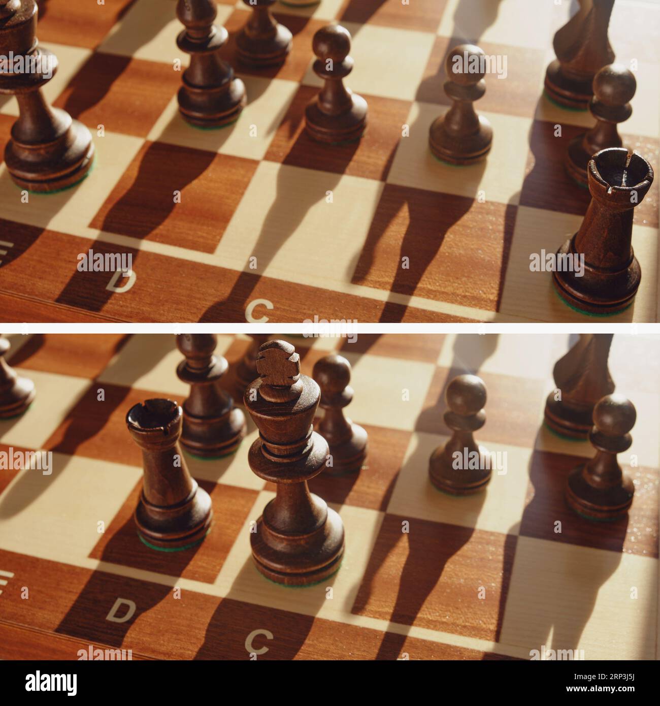 Lange Schach- und Schachkönigschaft während des Spiels Stockfoto