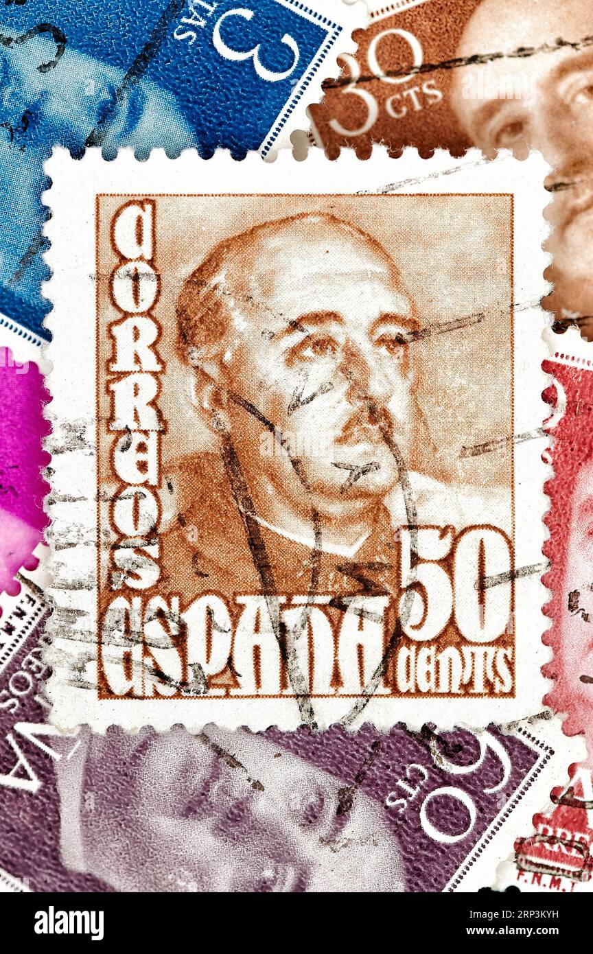 Madrid, Spanien; 13.08.2023: Briefmarken mit dem Porträt des spanischen Diktators Francisco Franco, der den Bürgerkrieg begann und später Spanien regierte Stockfoto