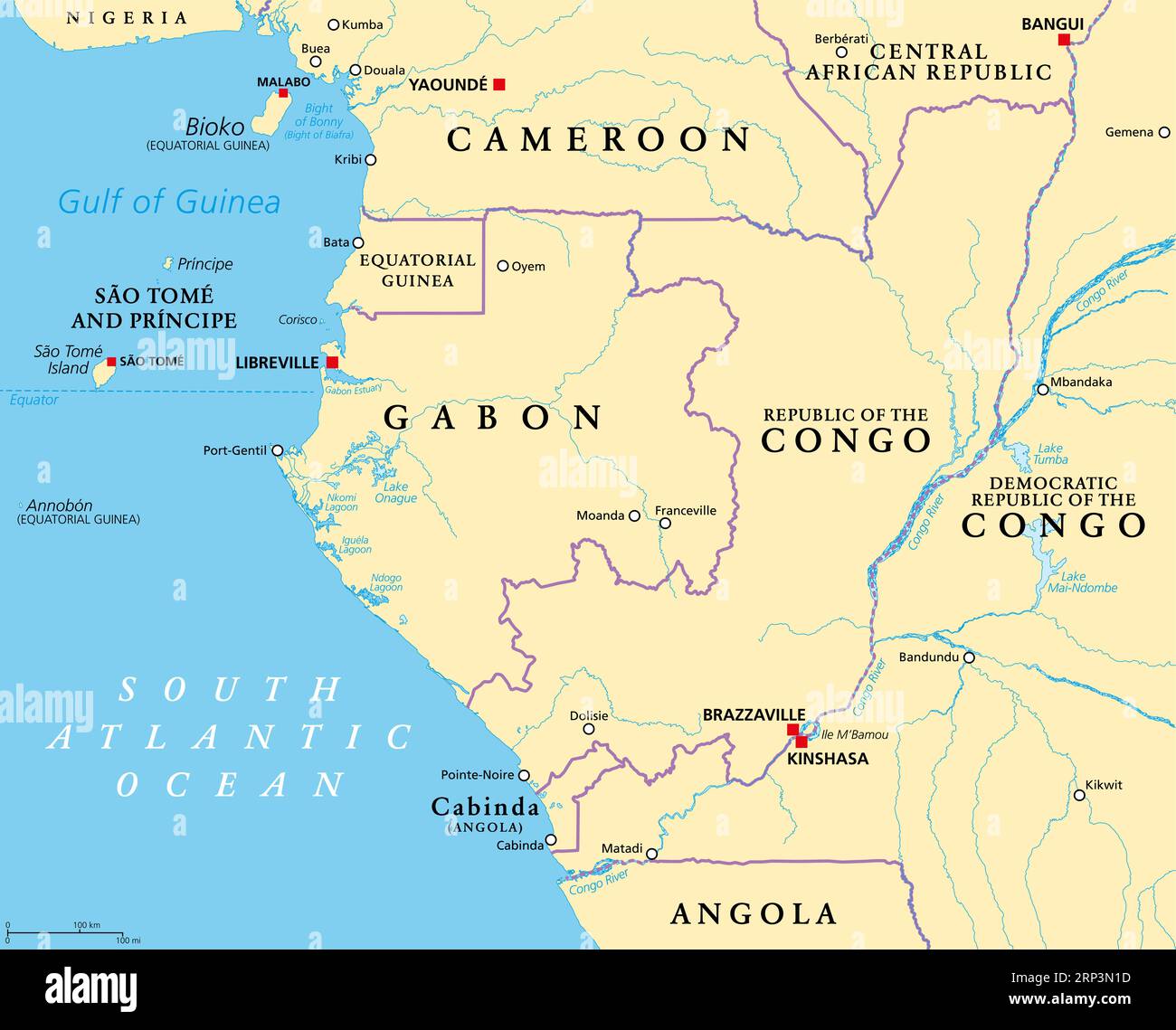 Ein Teil Zentralafrikas, eine Subregion des afrikanischen Kontinents, politische Landkarte, mit Hauptstädten, Grenzen und größten Städten. Stockfoto