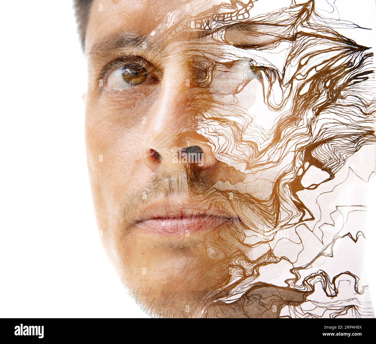 Das impressionistische Porträt eines Mannes verschmilzt mit dem weißen Hintergrund. Stockfoto