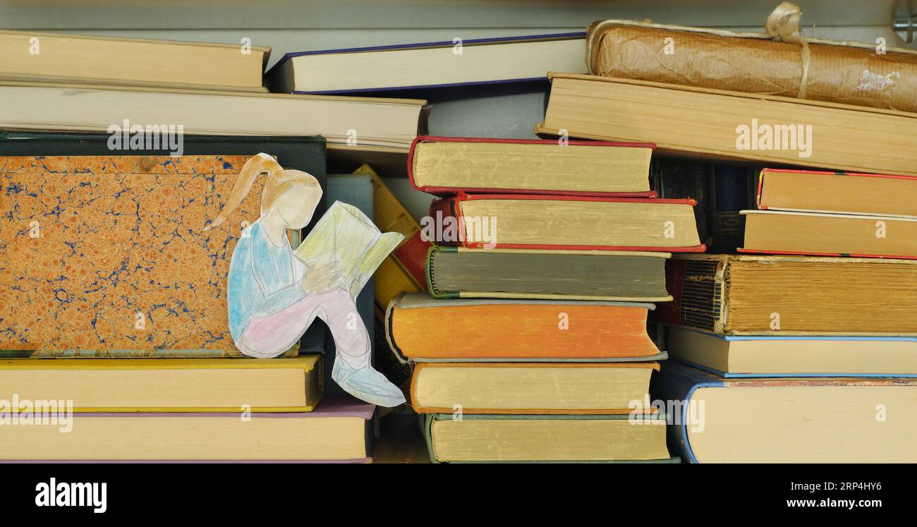 Bildung, Lernen, Wissen zurück zur Schule, Bücher auf einem Regal mit Zeichnung eines Mädchens, das ein Buch liest Stockfoto