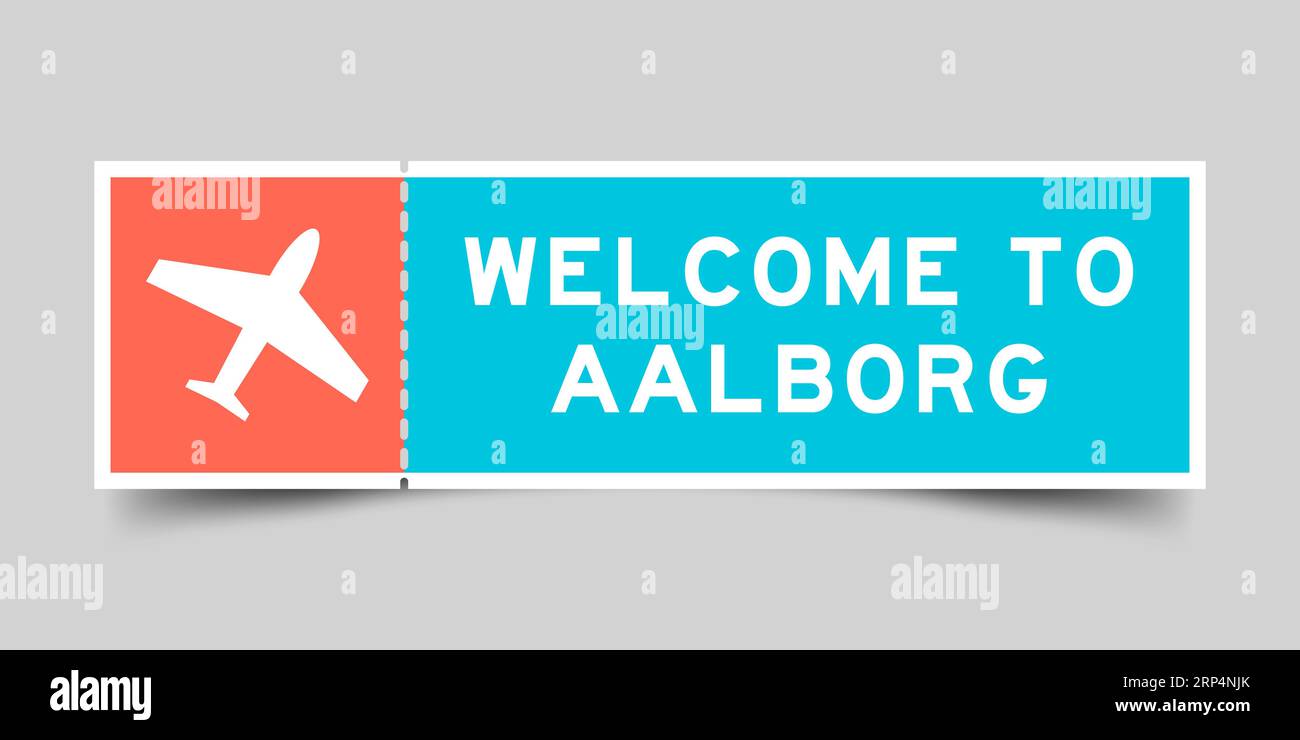 Orangefarbenes und blaues Ticket mit Flugzeugsymbol und Begrüßungswort in Aalborg auf grauem Hintergrund Stock Vektor