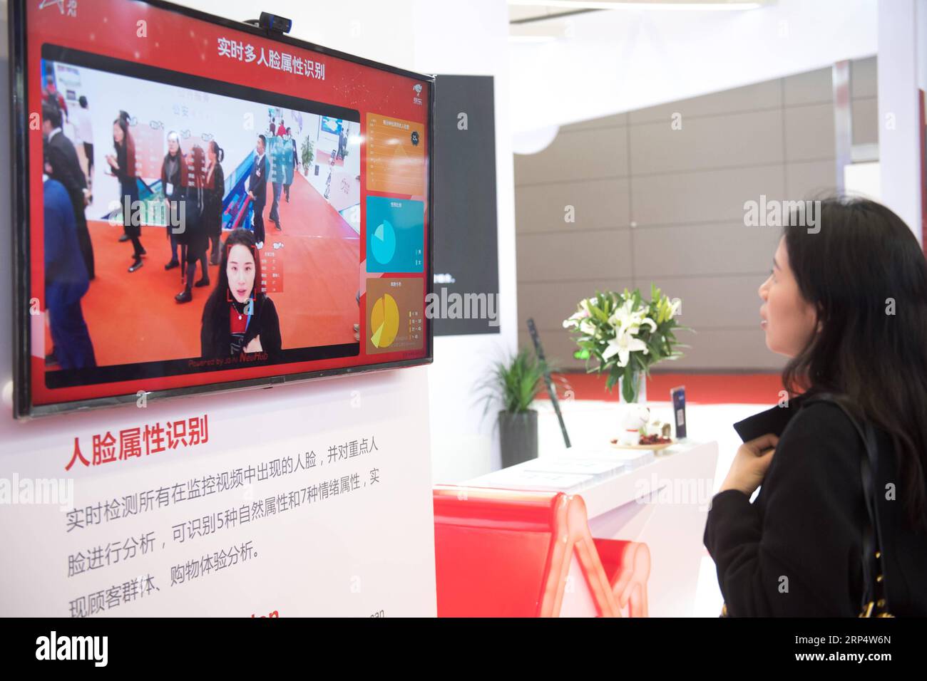 (181118) -- DEQING, 18. November 2018 -- Ein Besucher erlebt ein Gesichtserkennungs- und Analysesystem auf der Geospatial Technology and Application Exhibition des Weltkongresses der Vereinten Nationen für Geodaten 2018 (UNWGIC 2018) im Deqing County, ostchinesische Provinz Zhejiang, 18. November 2018. Die Ausstellung zeigt modernste Technologien und Anwendungen von mehr als 200 Weltausstellern in Bereichen wie Geoinformation, Satellitennavigation und Luft- und Raumfahrt-Fernerkundung. ) (lmm) CHINA-ZHEJIANG-UNWGIC 2018-GEOSPATIAL INFORMATION-EXHIBITION (CN) WengxXinyang PUBLICATIONxNOTxINxCHN Stockfoto