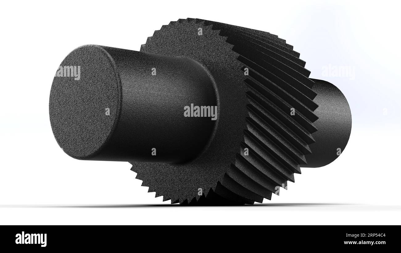 Schwarzes Zahnrad mit zylindrischer Welle. 3D-Renderbild von Mechanical Part Design. Perspektivische Ansicht. Isoliert auf weißem Hintergrund. Stockfoto