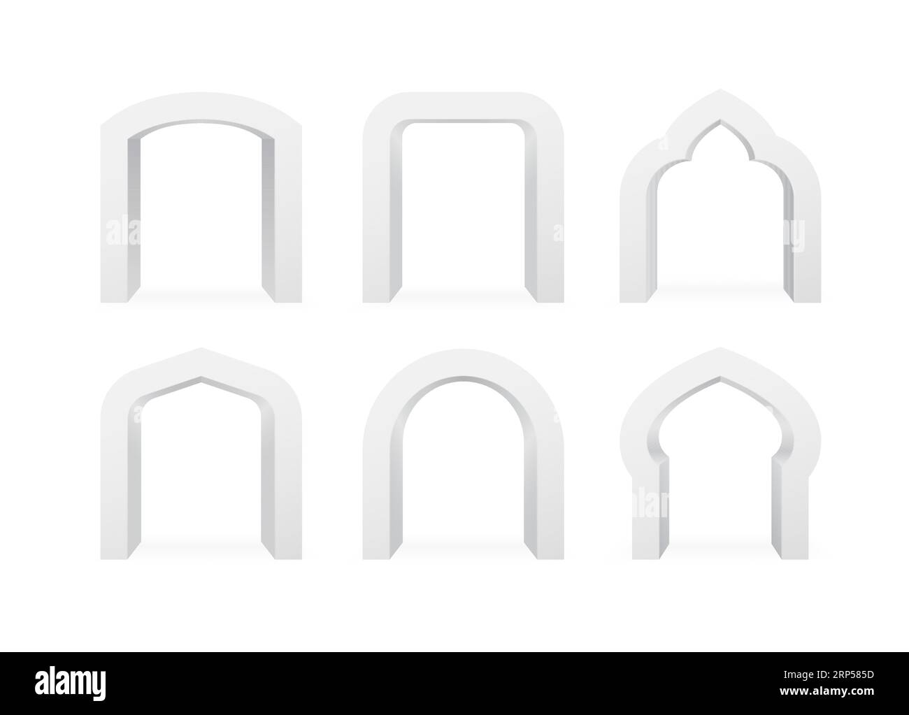 Set aus realistischen Bögen verschiedener Formen, 3D-Elemente der Bogenvorlage auf weißem Hintergrund isoliert. Bogen für Innenräume, Typografie oder Werbung. Stock Vektor