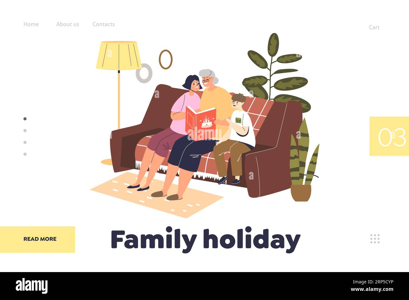 Familienurlaub Konzept der Landing-Page mit Großmutter, die Märchen für Kinder liest. Zwei Kinder sitzen auf dem Sofa mit Großmutter, die ein Buch liest. Cartoon fl Stock Vektor