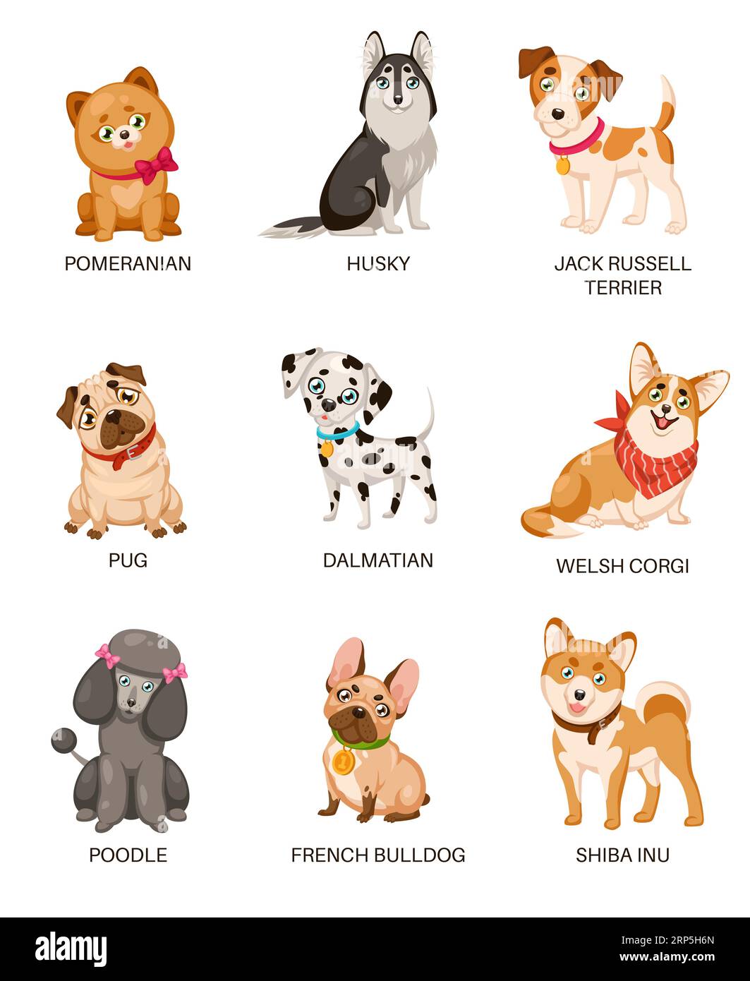Niedliche Welpen. Lustige Hunde verschiedener Rassen. Cartoon pommern, Husky und Terrier, Mops und Pudel, Bulldog und dalmatinische Vektorwelpen-Heimfigur Stock Vektor