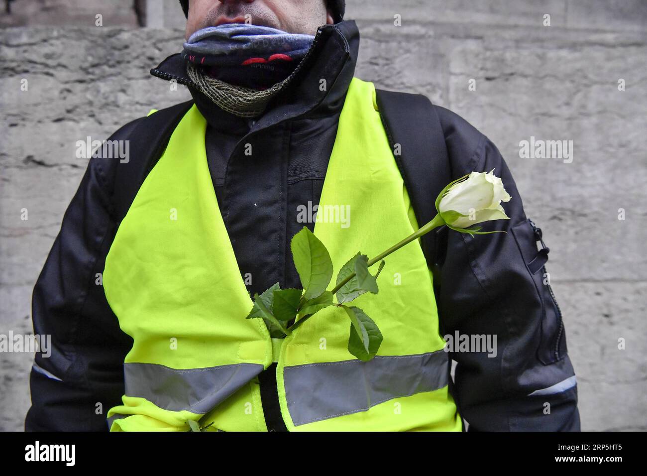 (181215) -- PARIS, 15. Dezember 2018 -- Ein Gelbwesten-Demonstrant wird am 15. Dezember 2018 auf dem Opernplatz in Paris, Frankreich, mit einer Rose gesehen. Die französische Regierung plante harte Sicherheitsmaßnahmen, indem sie Tausende von Offizieren mobilisierte und gepanzerte Fahrzeuge einsetzte, um gegen weitere Gewaltandrohungen vorzugehen, während die Gelben Westen am Samstag eine neue Runde landesweiter Proteste veranstalten. trotz der Maßnahmen von Präsident Emmanuel Macron, die die öffentliche Wut über schlechte Einnahmen und hohe Lebenshaltungskosten unterdrücken sollen. ) FRANKREICH-PARIS-GELBE WESTEN -PROTEST ChenxYichen PUBLICATIONxNOTxINxCHN Stockfoto