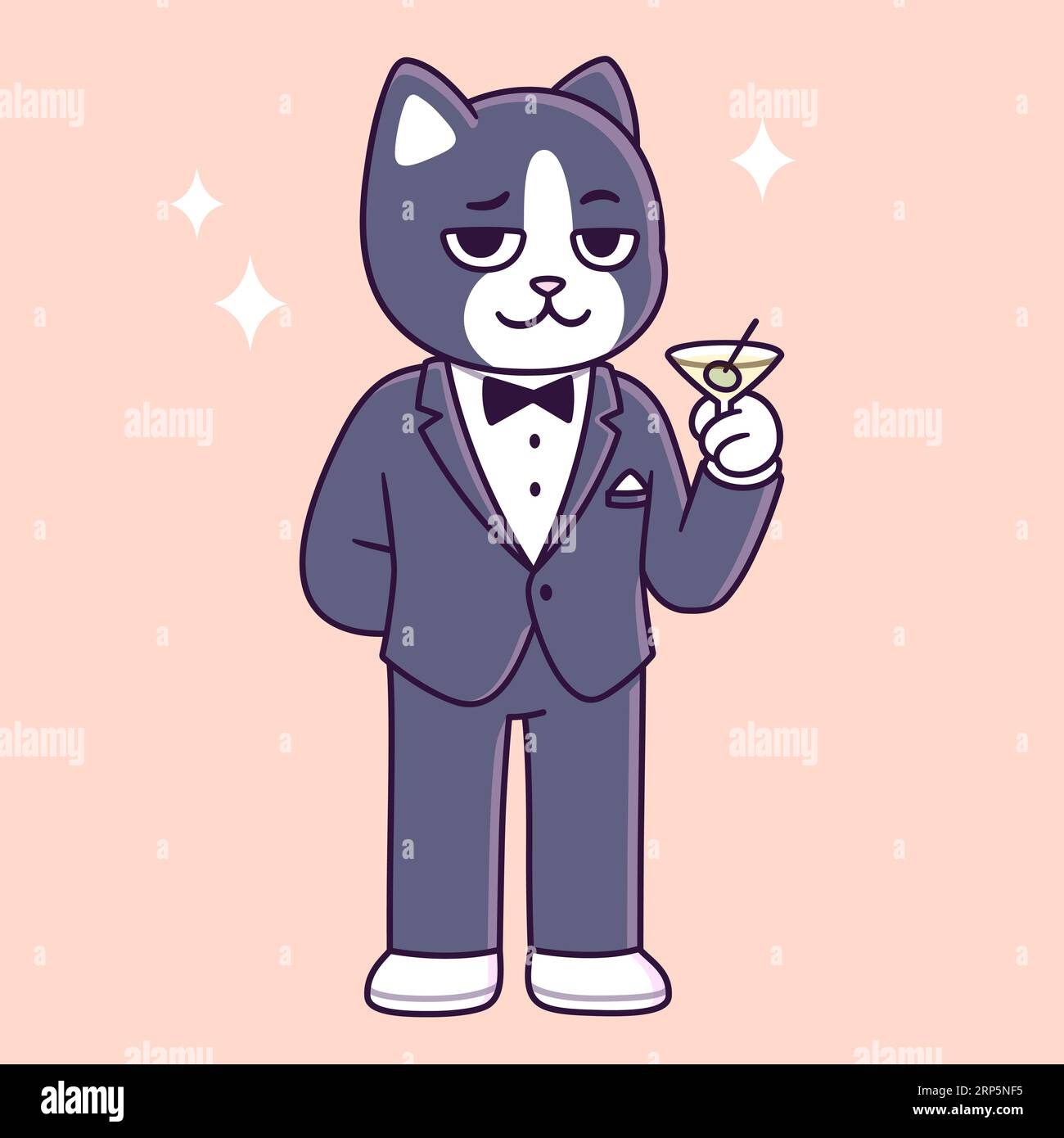 Tuxedo-Katze-Zeichentrickfigur. Lustige Katze in schwarzem Krawattenanzug mit Martiniglas. Niedliche Vektorillustration. Stock Vektor
