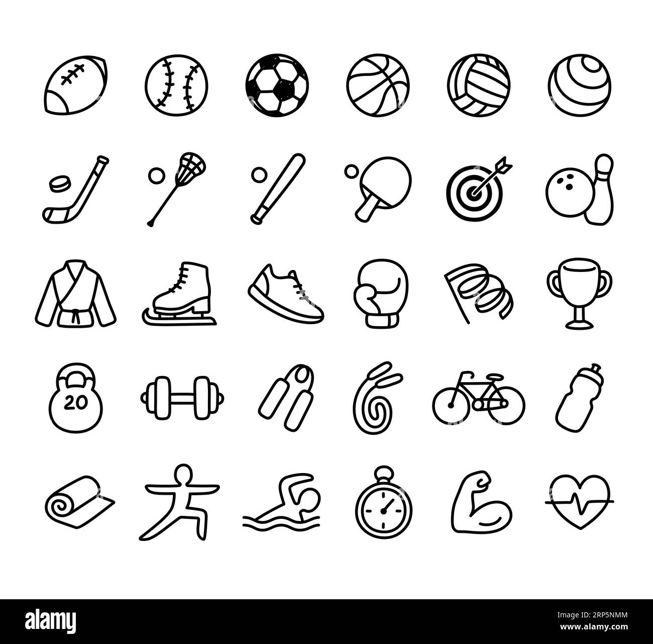 Set aus handgezeichneten Sport- und Fitnesslinien-Symbolen. Einfache Zeichentrickdarstellungen von Ballspielen, Ausrüstung und anderen sportlichen Symbolen. Stock Vektor